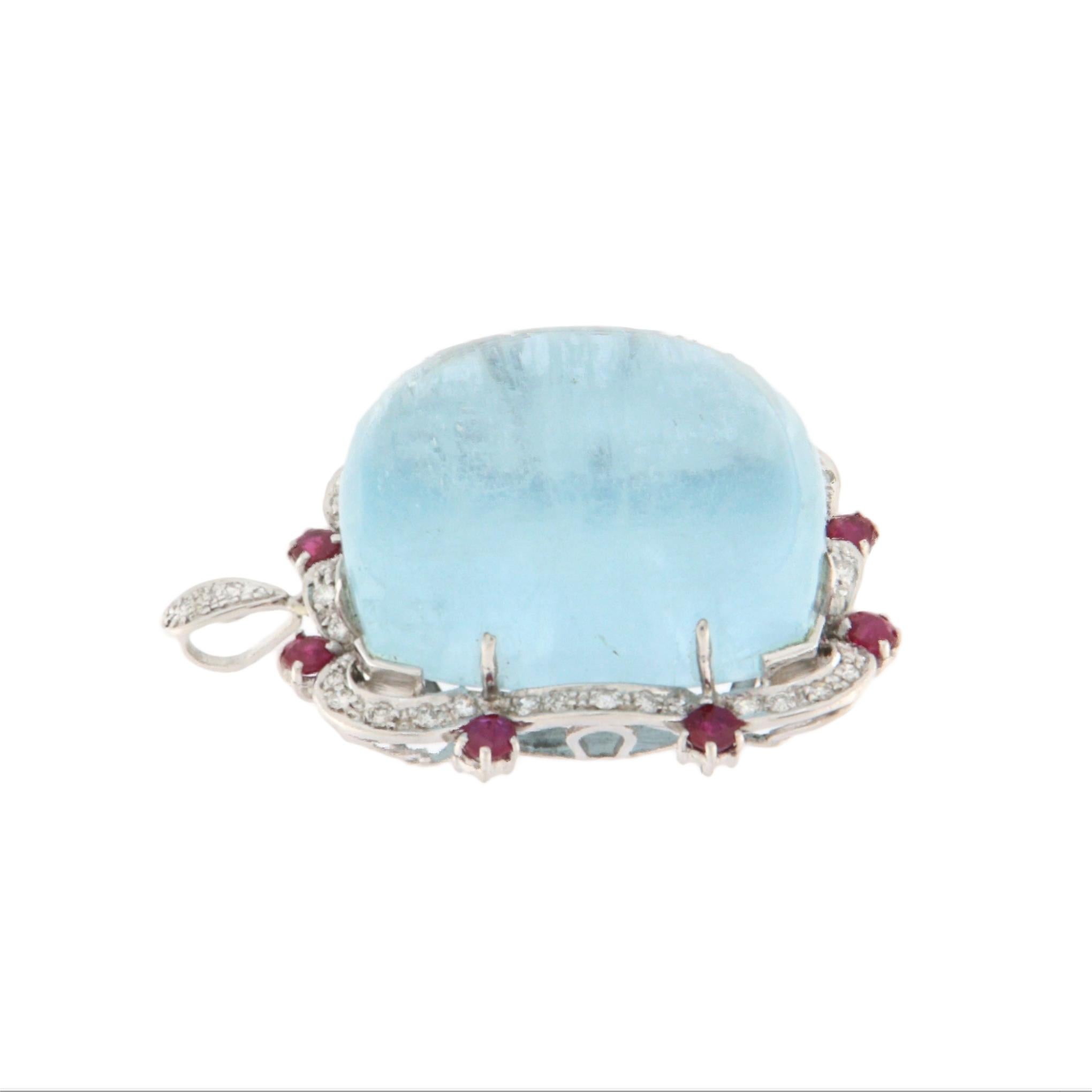 This exquisite pendant is a magnificent example of fine jewelry, blending classic elegance with contemporary sophistication. Crafted in 18-karat white gold, it features a stunning cabochon aquamarine at its center—captivating the eye with its