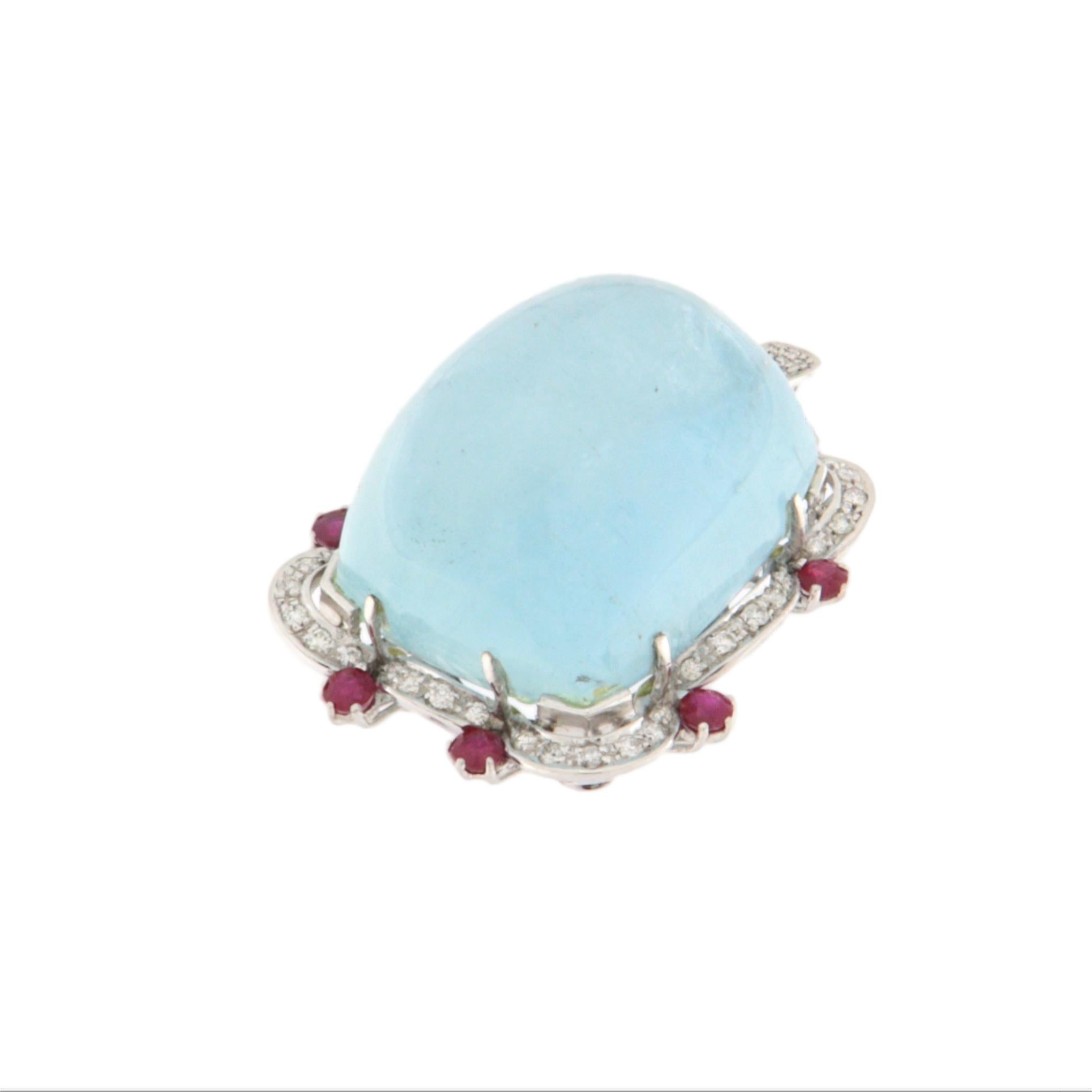 Artisan Brazilian Aquamarine Diamonds Rubies 18 Karat White Gold Pendant Necklace For Sale