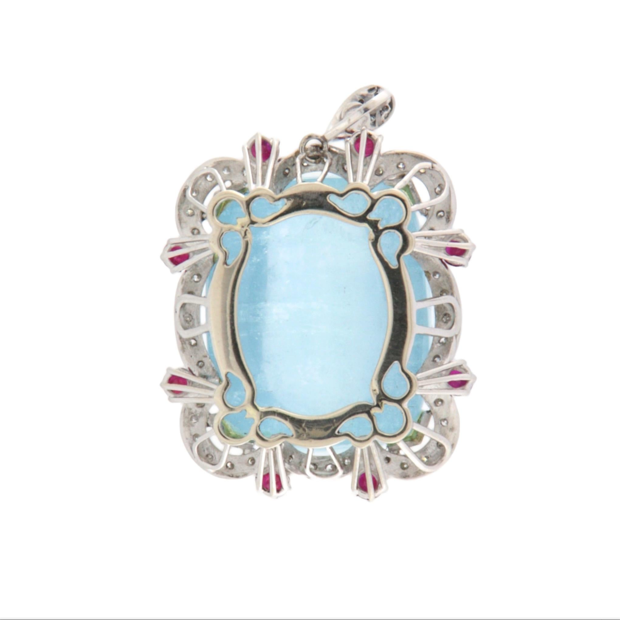 Brilliant Cut Brazilian Aquamarine Diamonds Rubies 18 Karat White Gold Pendant Necklace For Sale