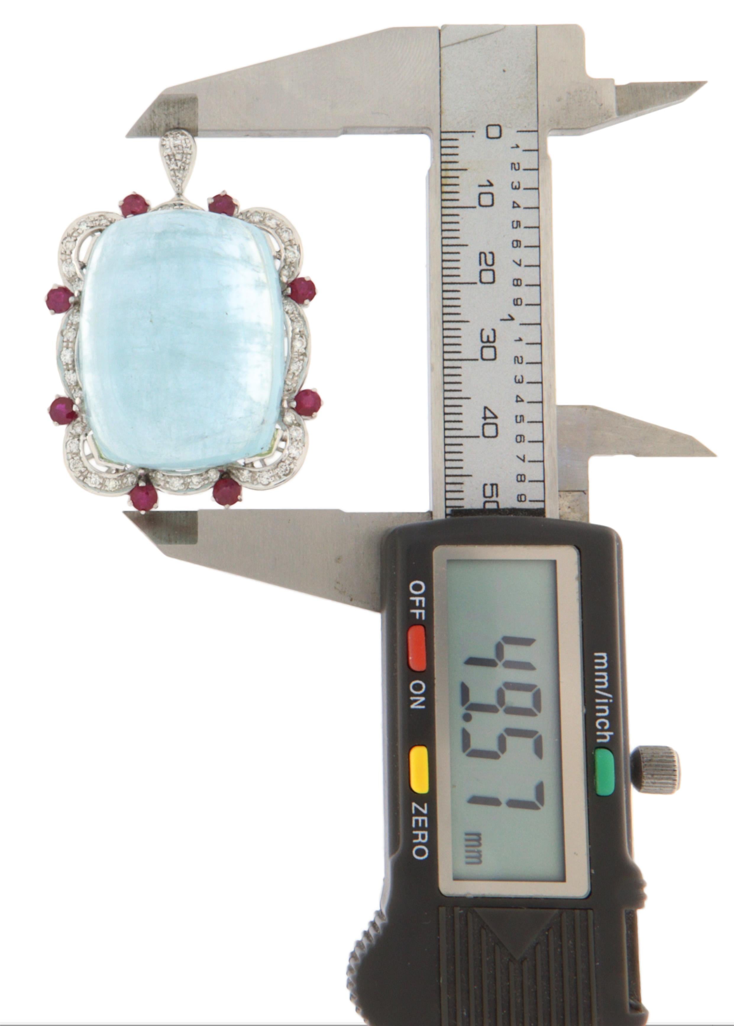 Brazilian Aquamarine Diamonds Rubies 18 Karat White Gold Pendant Necklace In New Condition For Sale In Marcianise, IT