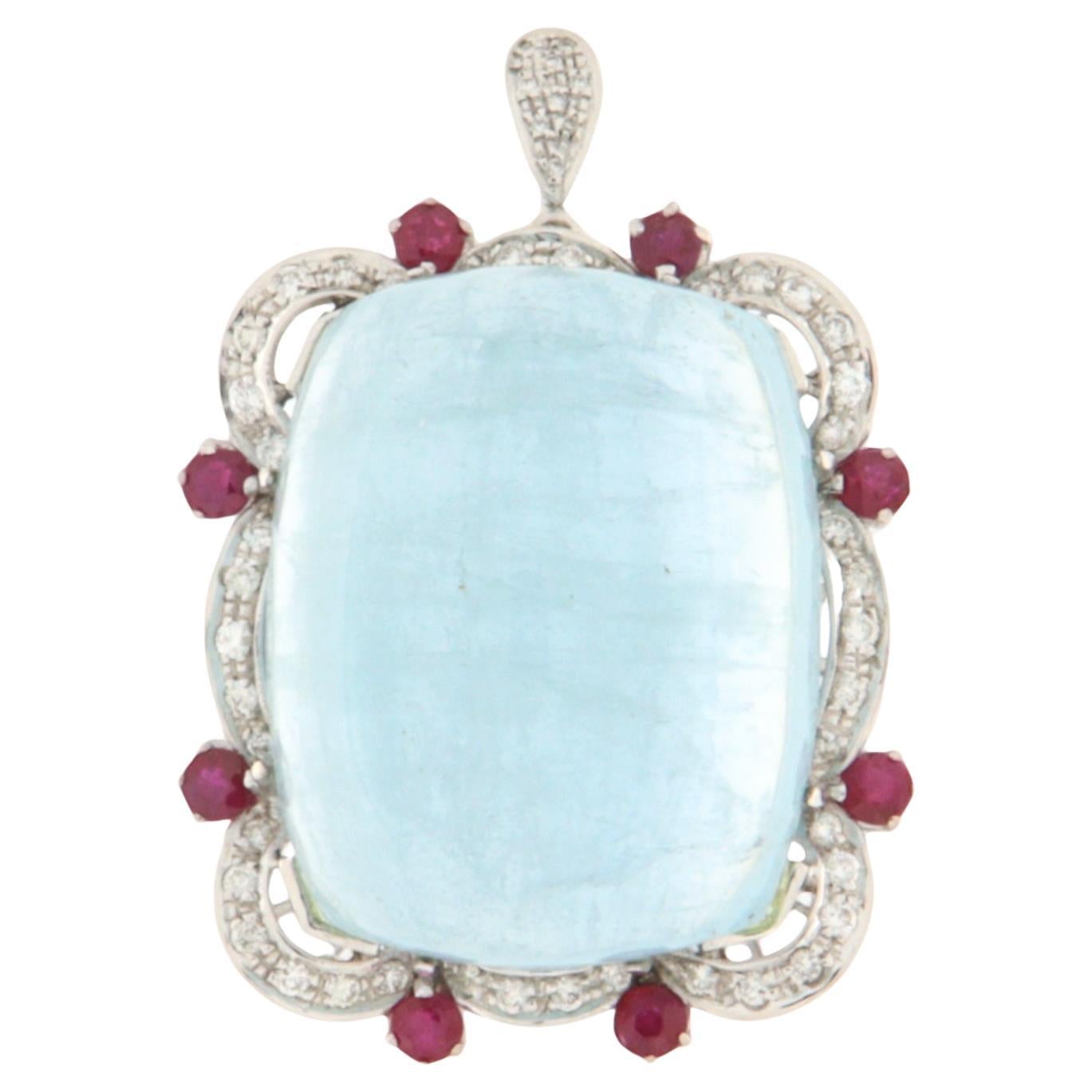 Brazilian Aquamarine Diamonds Rubies 18 Karat White Gold Pendant Necklace For Sale