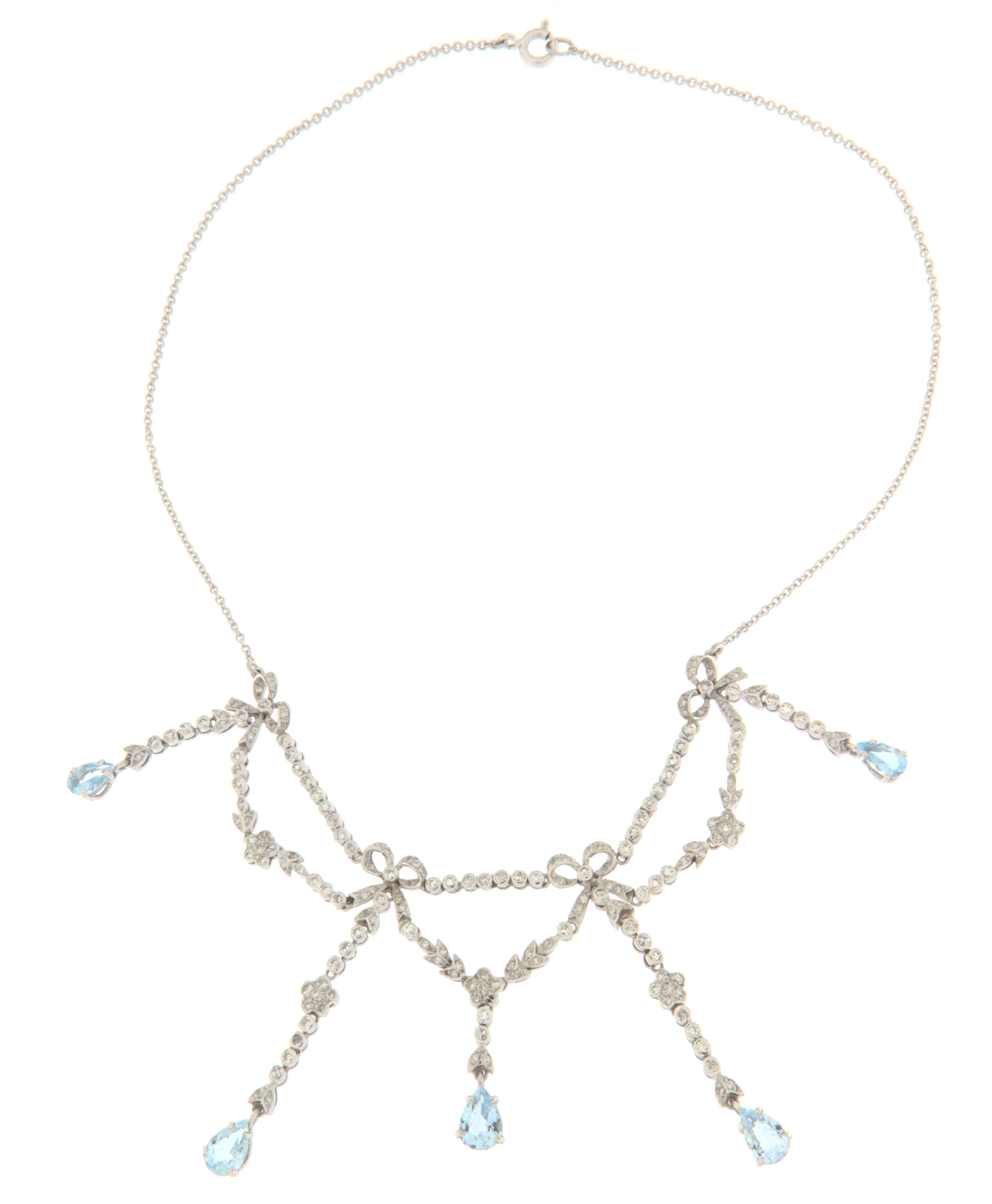 Brilliant Cut Brazilian Aquamarines Diamonds 18 Karat White Gold Drop Necklace For Sale