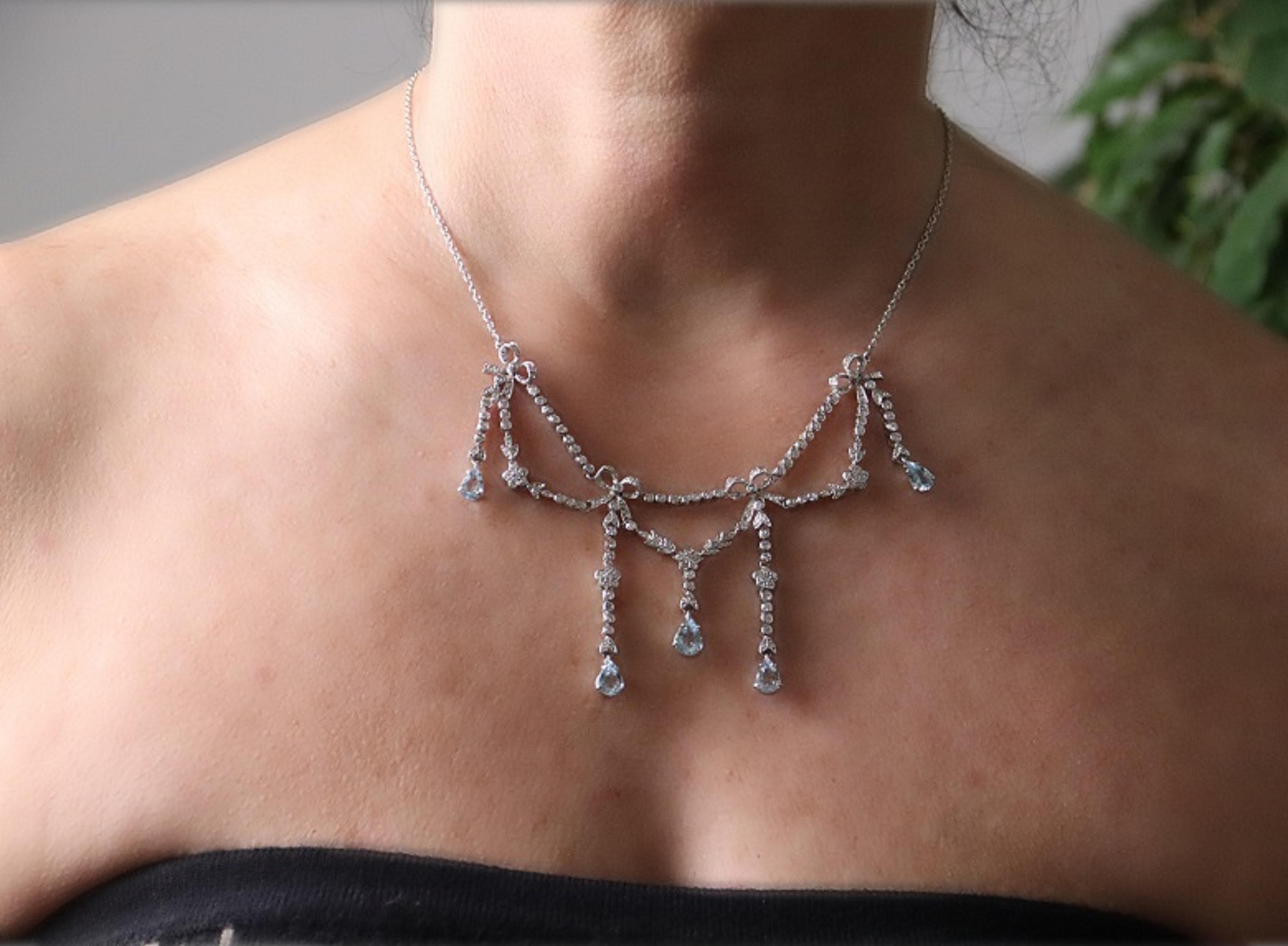 Women's Brazilian Aquamarines Diamonds 18 Karat White Gold Drop Necklace For Sale