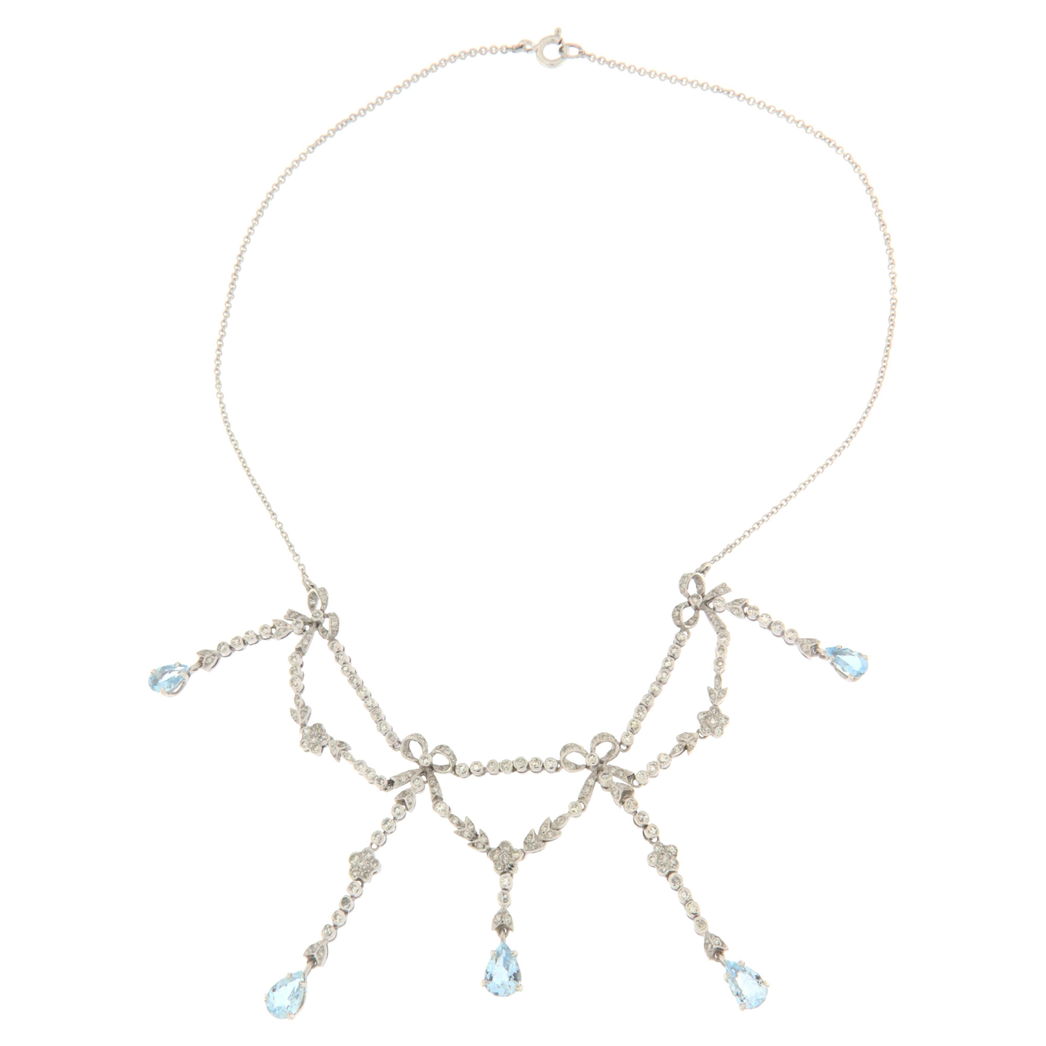 Brazilian Aquamarines Diamonds 14 Karat White Gold Drop Necklace For Sale