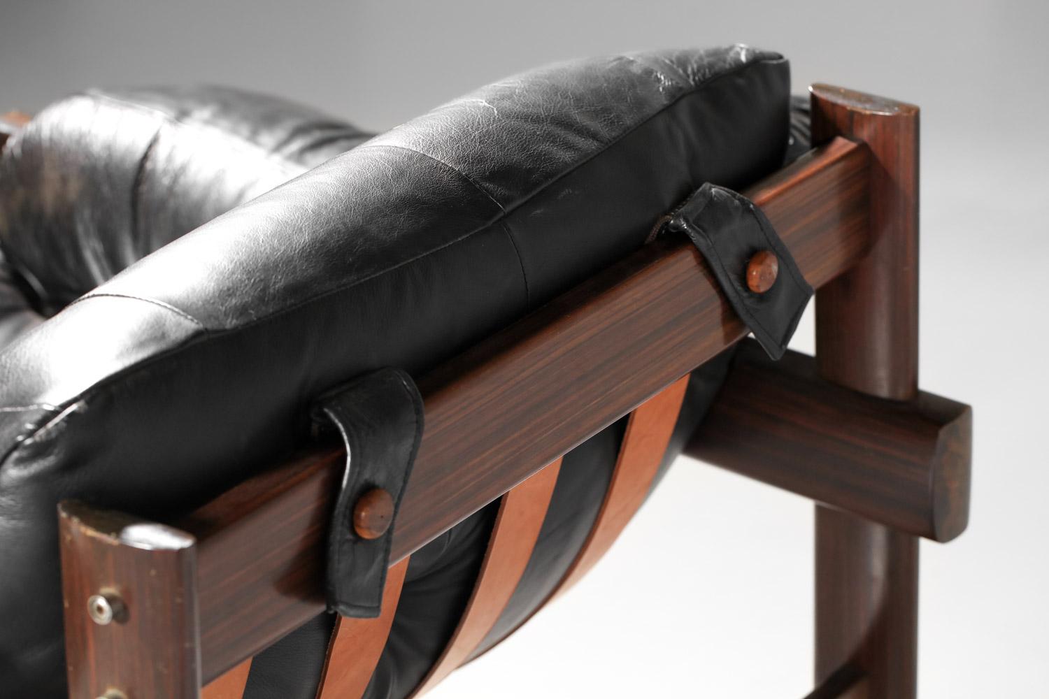 Leather Brazilian armchair by percival laefer in black leather and solid wood For Sale