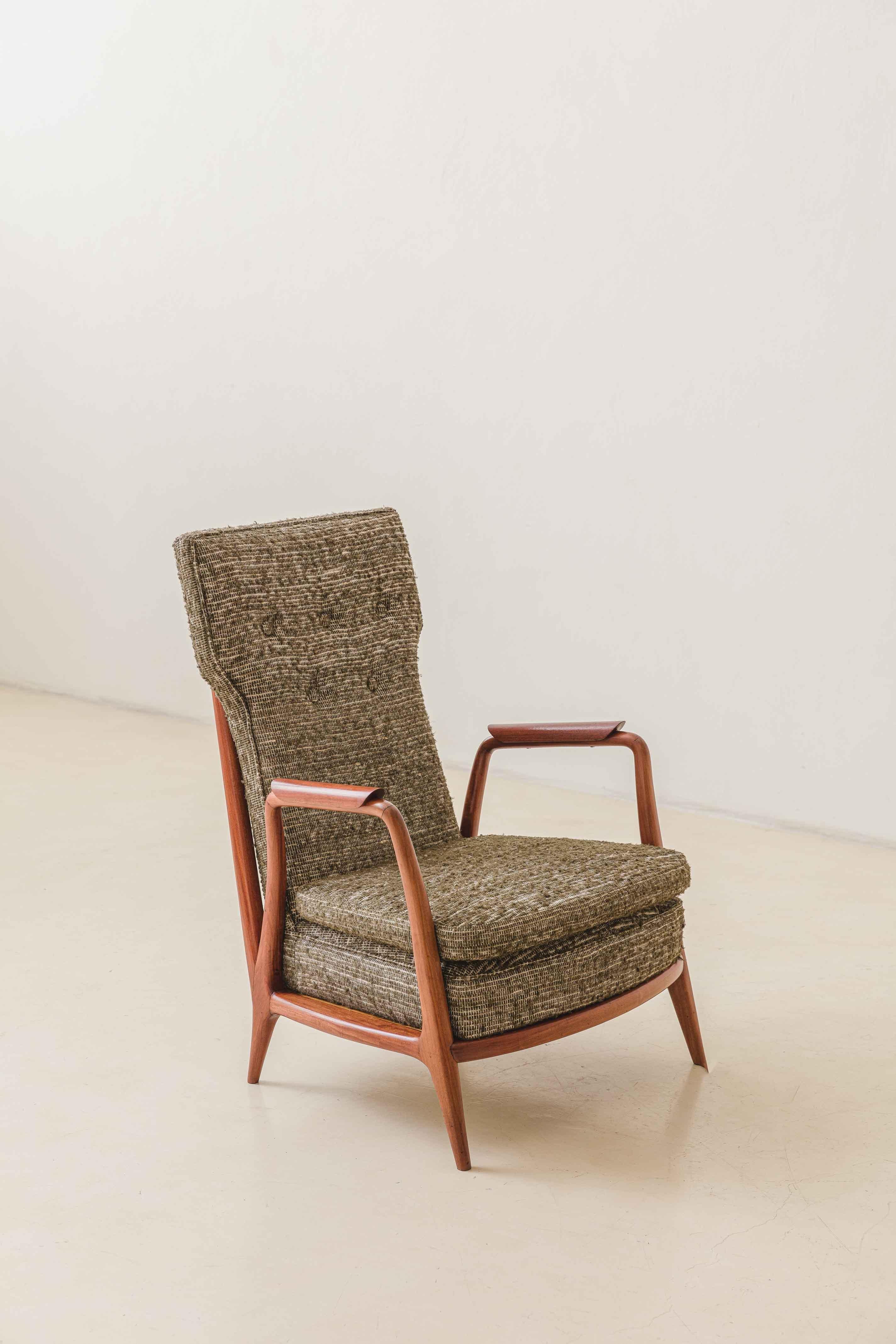 Silk Brazilian Armchair with High Backrests by Giuseppe Scapinelli, 1950s, Midcentury For Sale