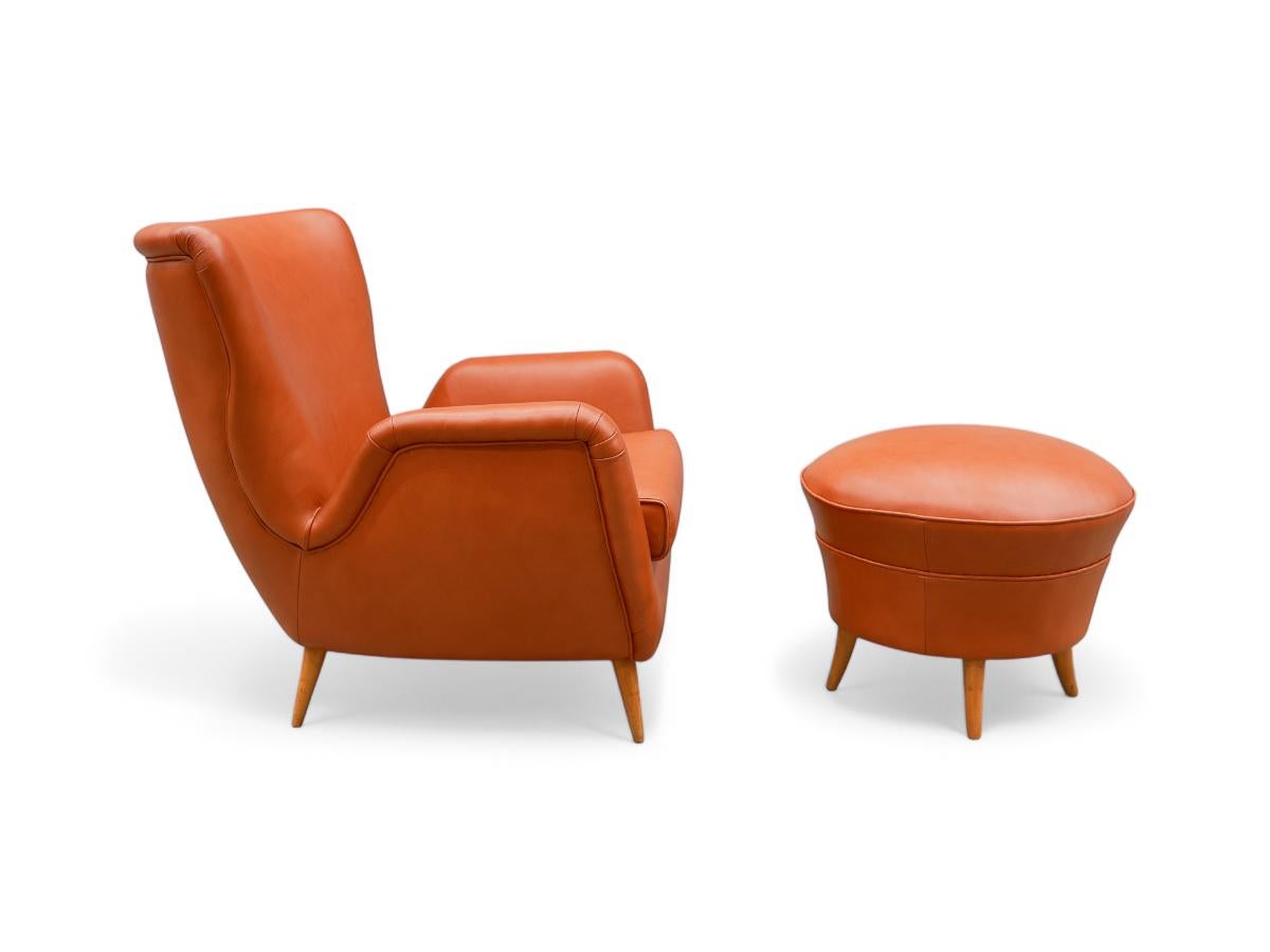 Mid-Century Modern Brazilian Armchair with Ottoman in Hardwood and Leather, Carlo Hauner, c. 1950s For Sale