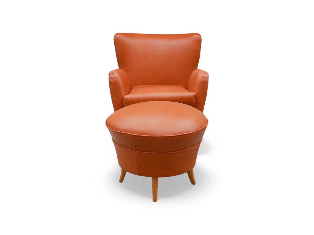 Woodwork Brazilian Armchair with Ottoman in Hardwood and Leather, Carlo Hauner, c. 1950s For Sale