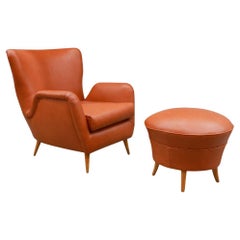 Fauteuil brésilien avec ottoman en bois dur et cuir, Carlo Hauner, c.C., années 1950