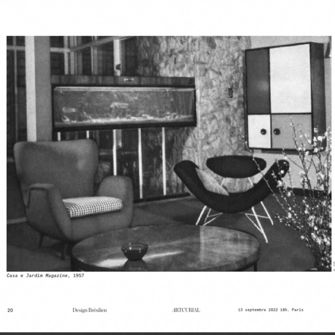 Brazilian Armchairs & Pouf in Hardwood, Leather and Fabric, Carlo Hauner 1950s For Sale 8