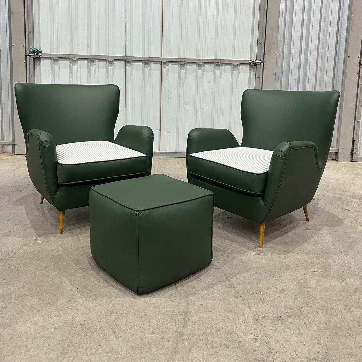 Woodwork Brazilian Armchairs & Pouf in Hardwood, Leather and Fabric, Carlo Hauner 1950s For Sale