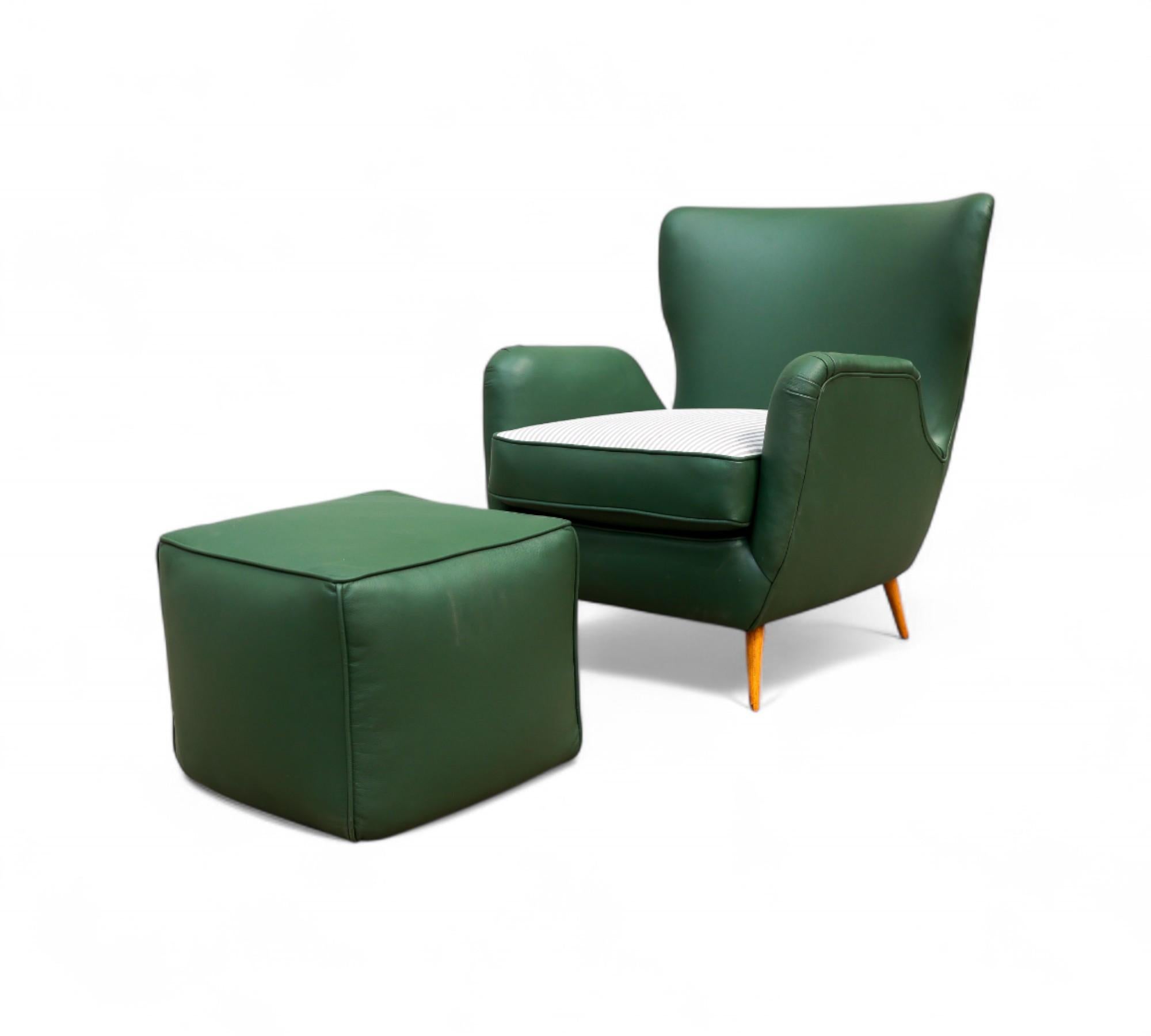 Woodwork Brazilian Armchairs & Pouf in Hardwood, Leather and Fabric, Carlo Hauner 1950s For Sale