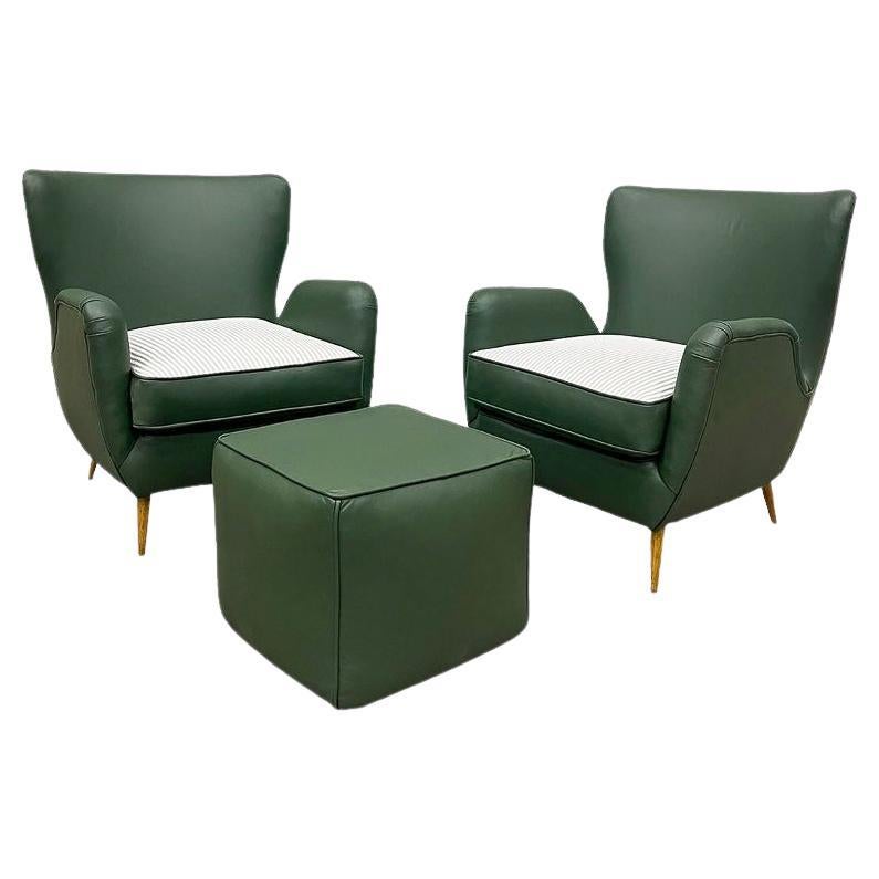 Brazilian Armchairs & Pouf in Hardwood, Leather and Fabric, Carlo Hauner 1950s
