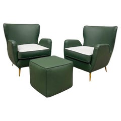 Brazilian Armchairs & Pouf in Hardwood, Leather and Fabric, Carlo Hauner 1950s