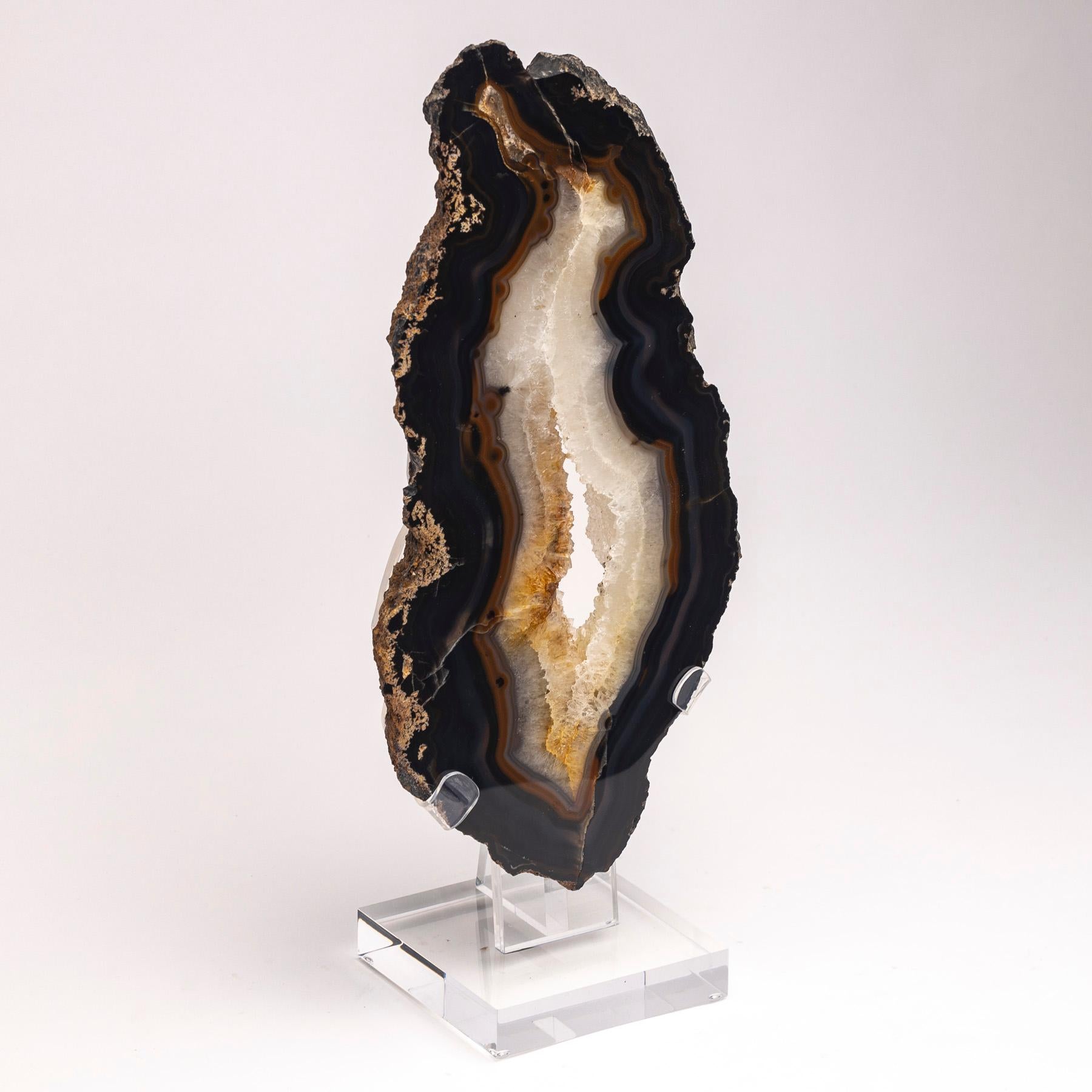 Polished Brazilian Banded Agate Slab with Crystallizations on a Custom Acrylic Stand