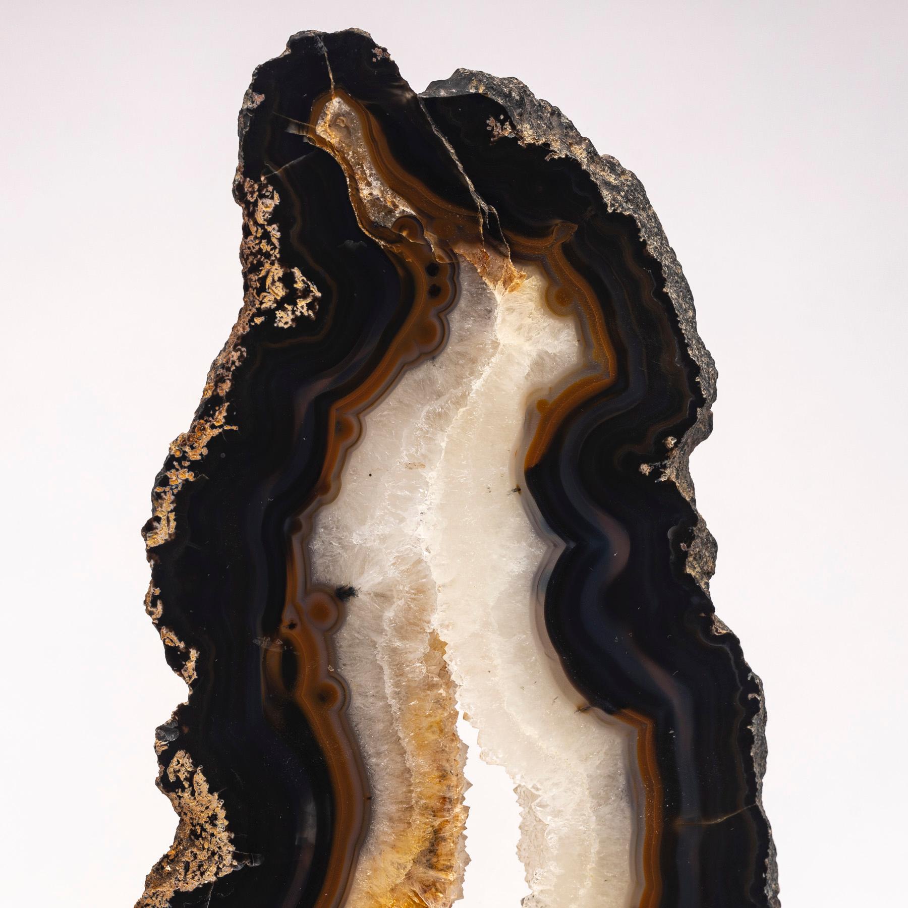 Contemporary Brazilian Banded Agate Slab with Crystallizations on a Custom Acrylic Stand