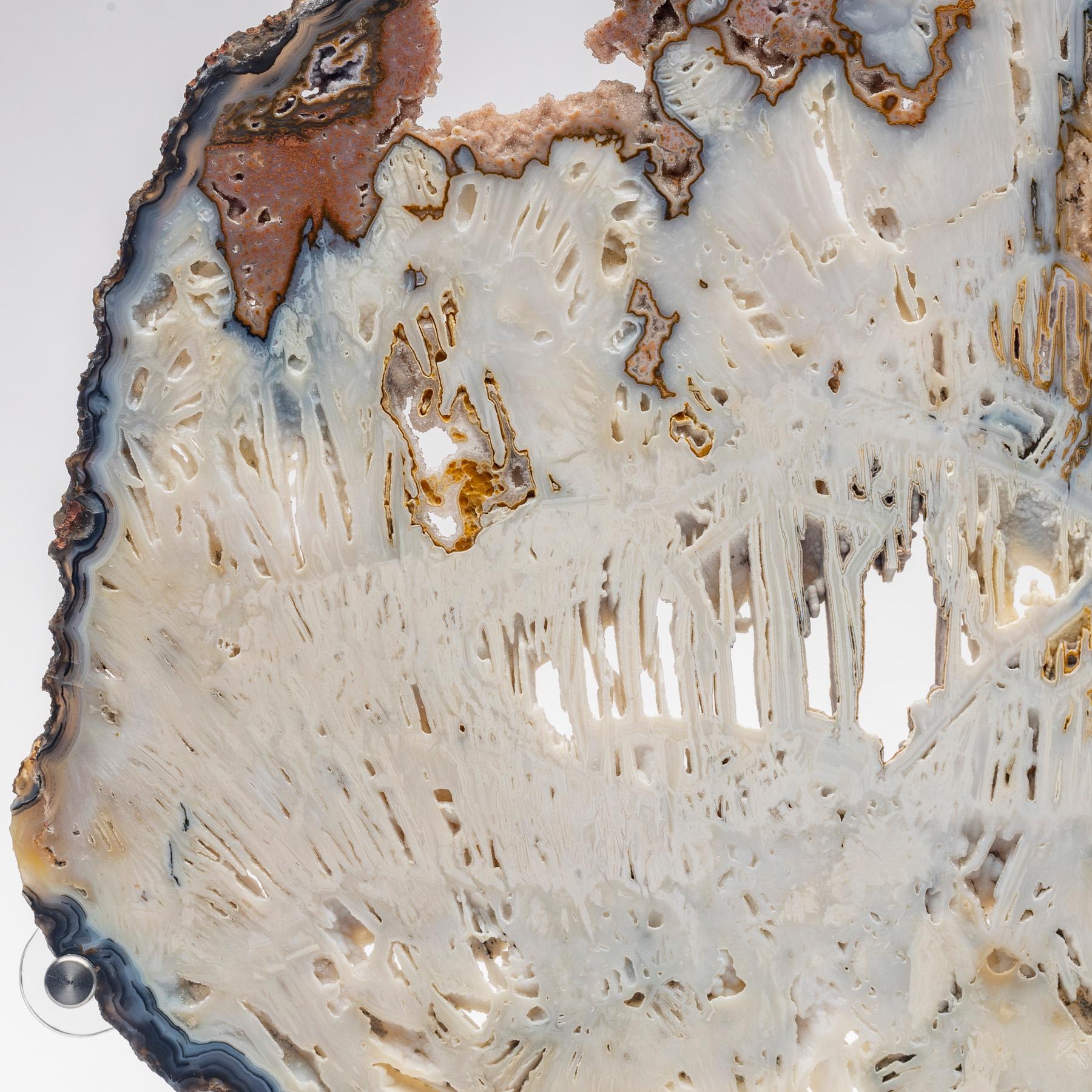 Contemporary Brazilian Banded Agate Slab with Crystallizations on a Custom Acrylic Stand