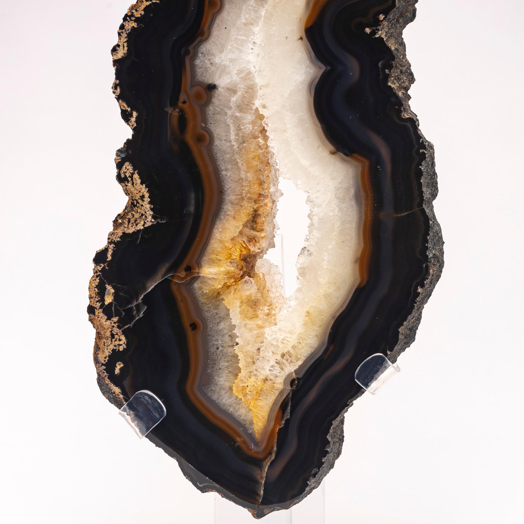 Brazilian Banded Agate Slab with Crystallizations on a Custom Acrylic Stand 1
