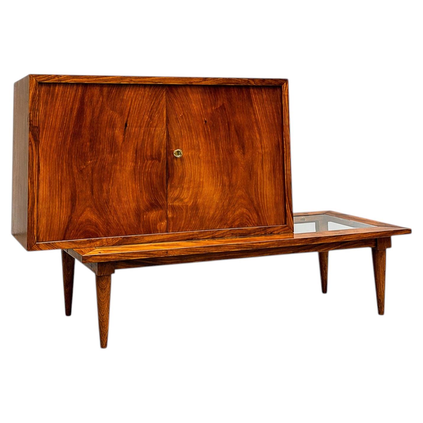 Brazilian Bar with Side Table in Hardwood and Glass by Branco e Preto, c. 1950’s For Sale
