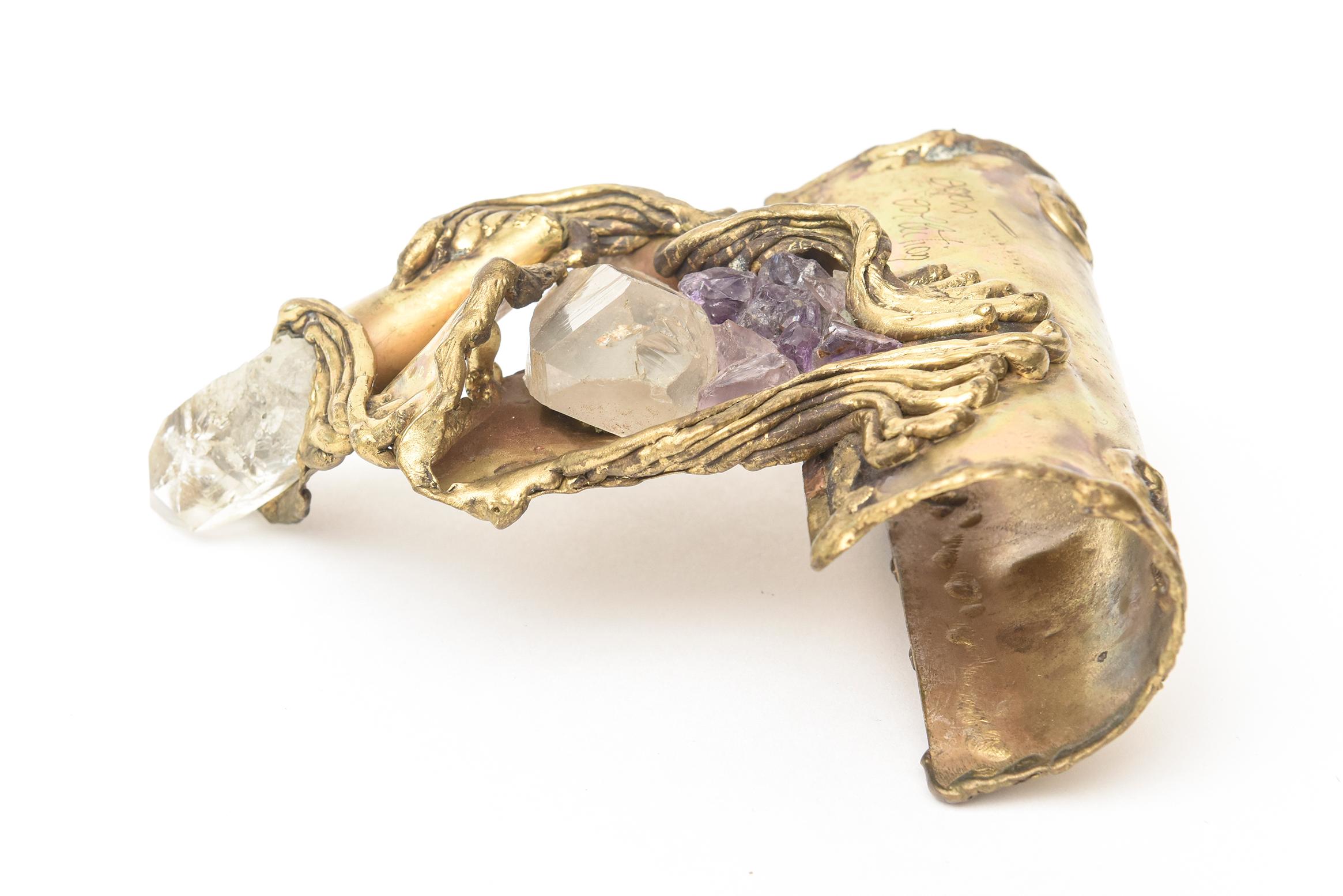 Late 20th Century Brazilian Brass Brutalist Object Sculpture with Amethyst and Quartz Vintage