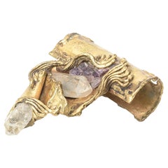 Brazilian Brass Brutalist Object Sculpture with Amethyst and Quartz Vintage