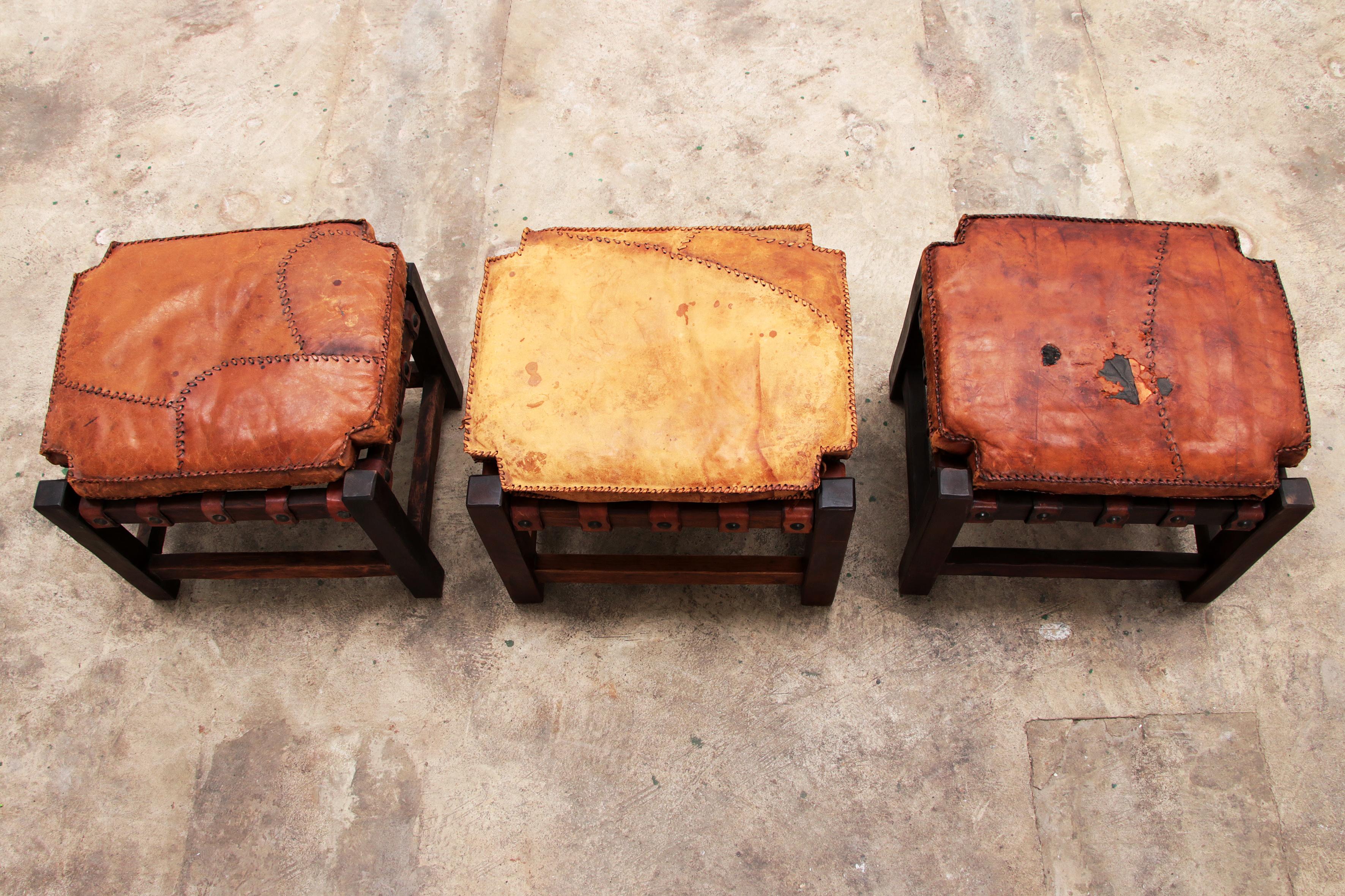 Brazilian Brutalist footstools with patchwork leather, 1960 For Sale 12