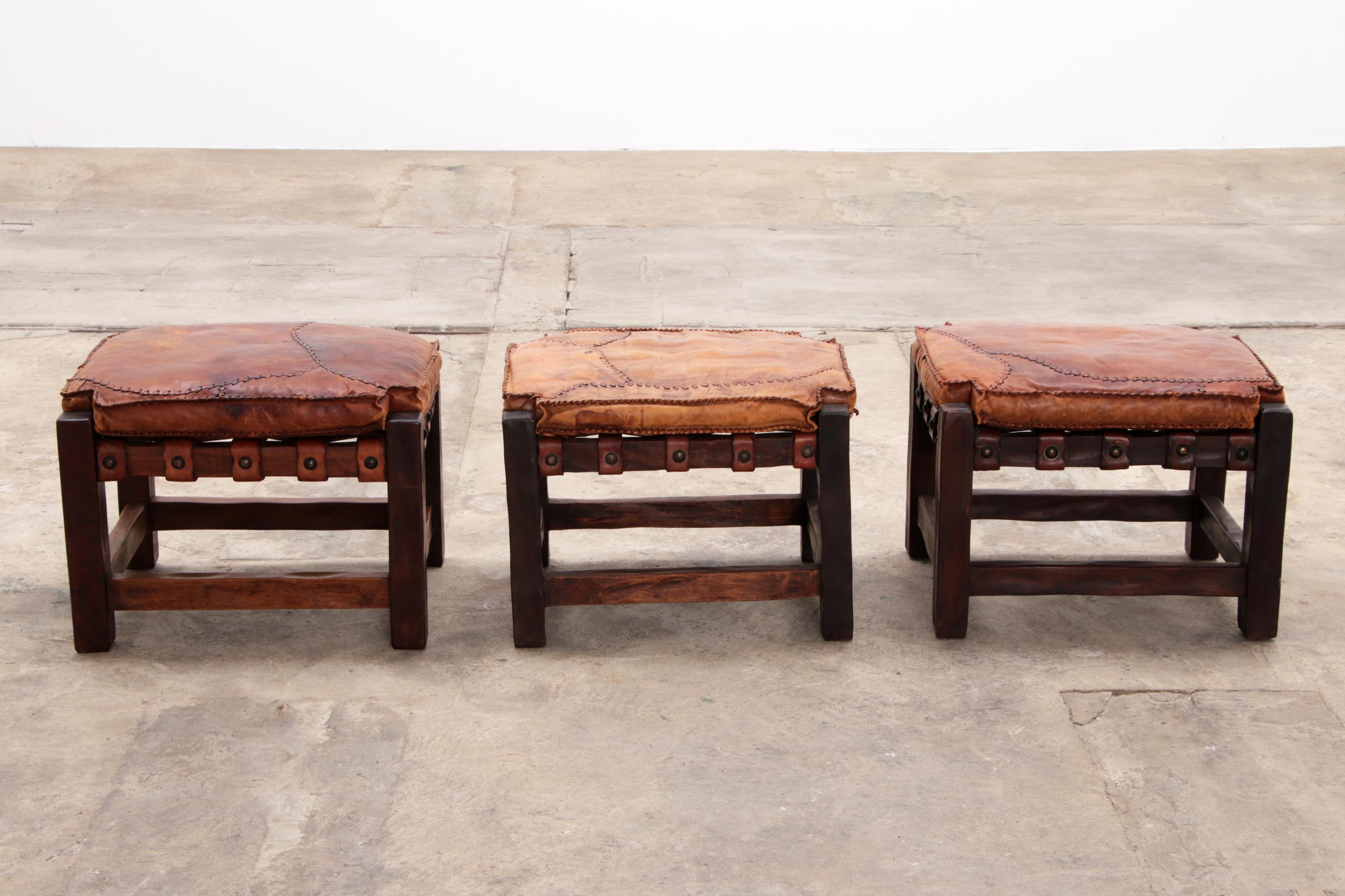 Mid-20th Century Brazilian Brutalist footstools with patchwork leather, 1960 For Sale
