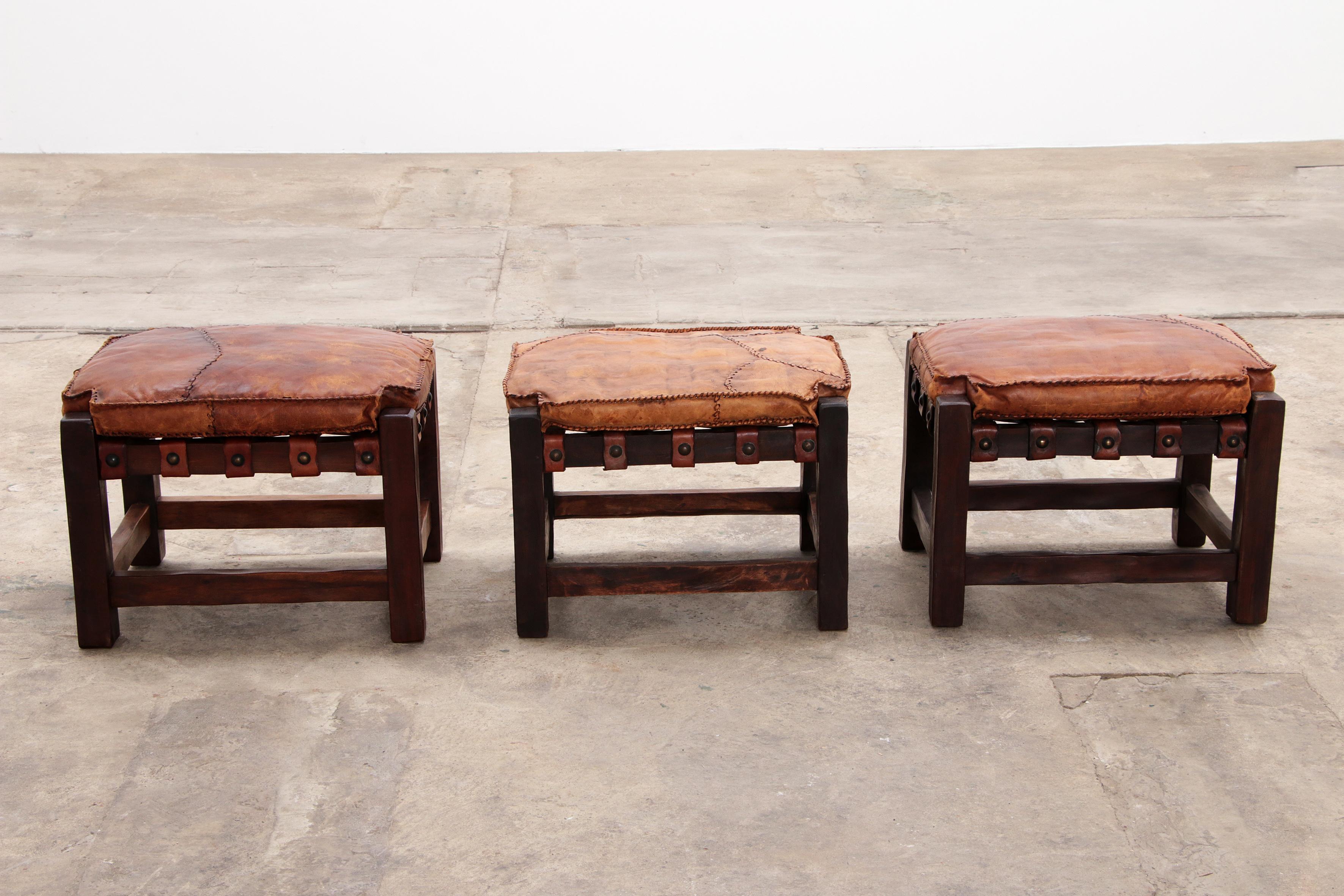 Brazilian Brutalist footstools with patchwork leather, 1960 For Sale 1