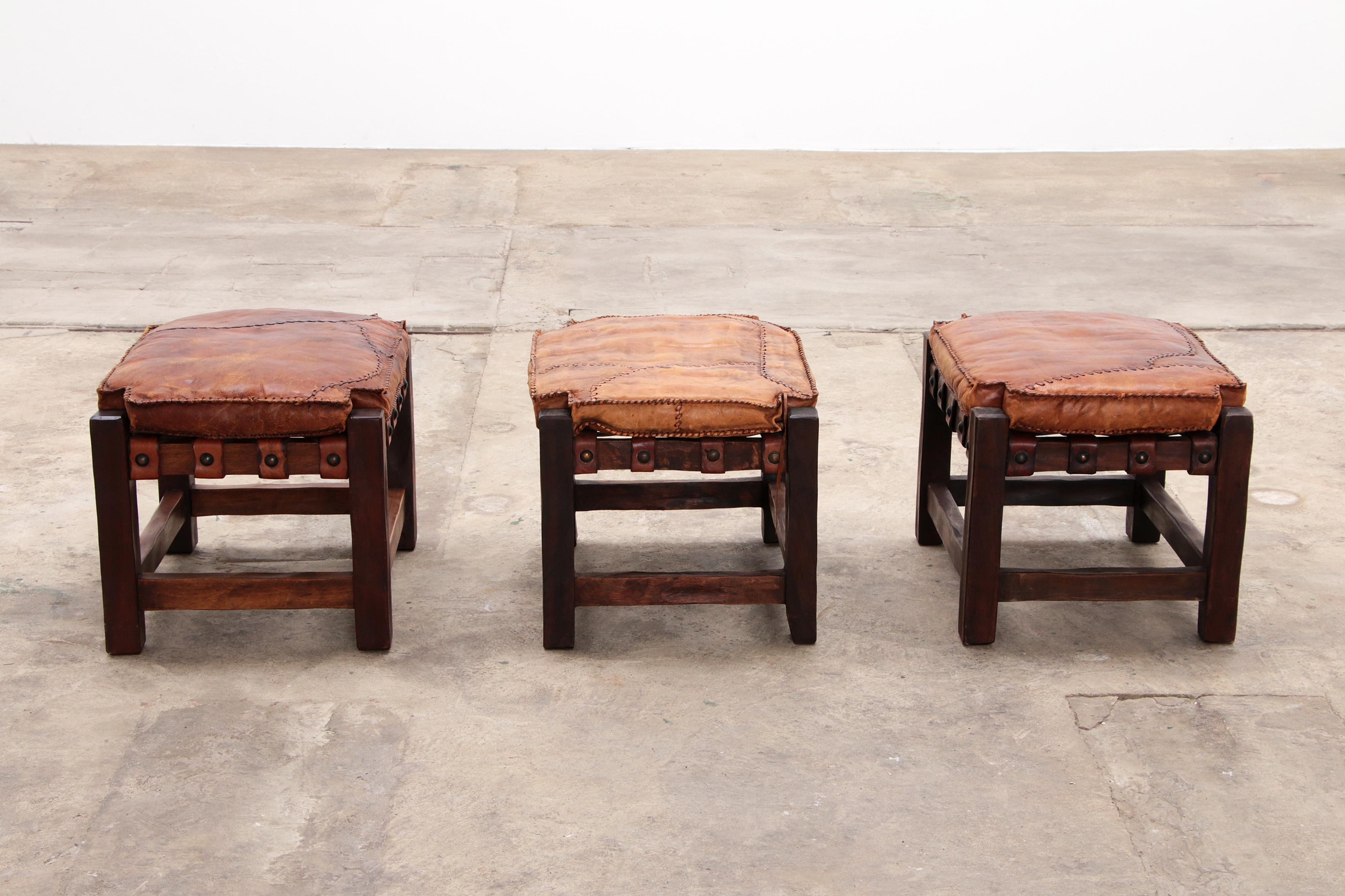 Brazilian Brutalist footstools with patchwork leather, 1960 For Sale 2