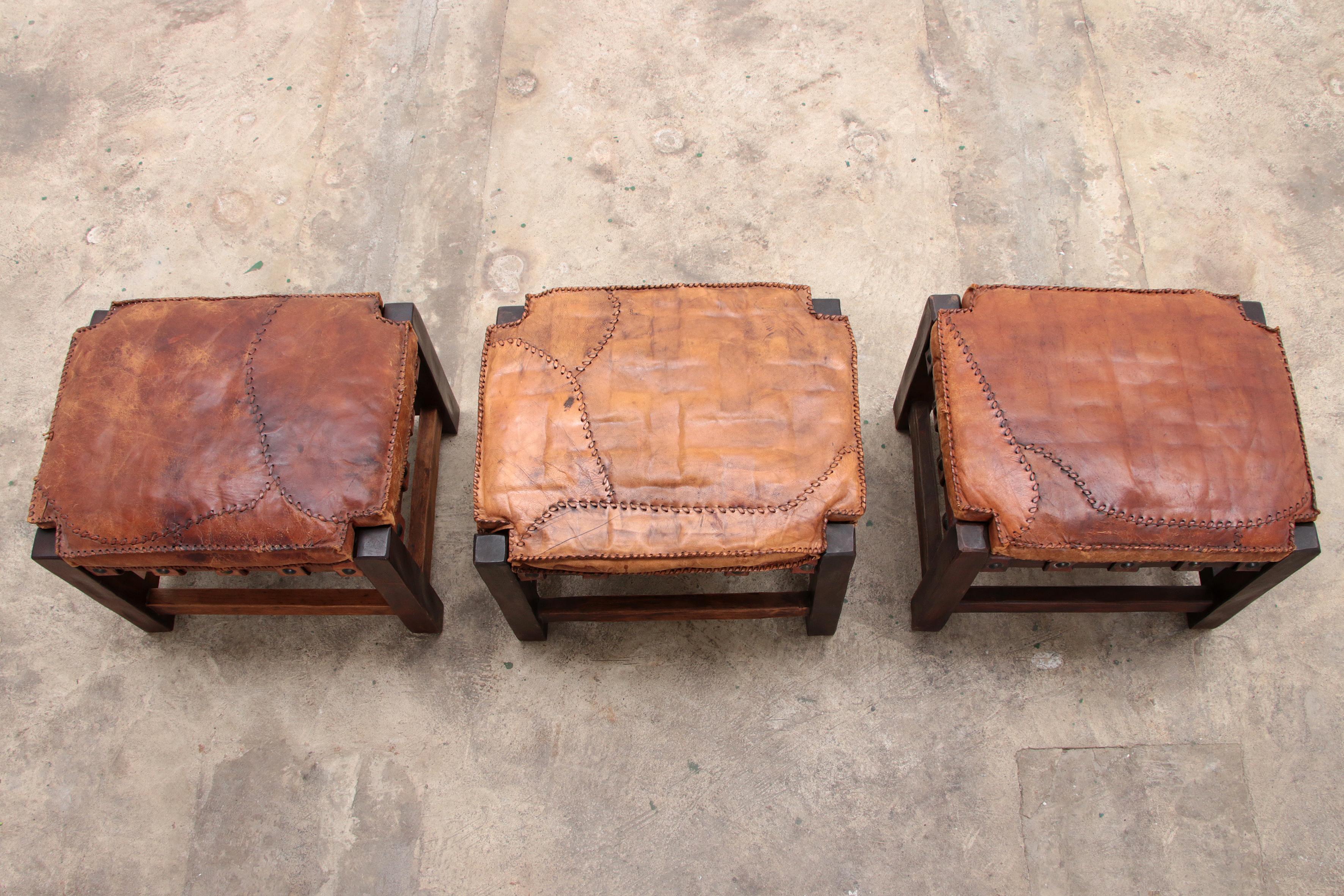 Brazilian Brutalist footstools with patchwork leather, 1960 For Sale 3