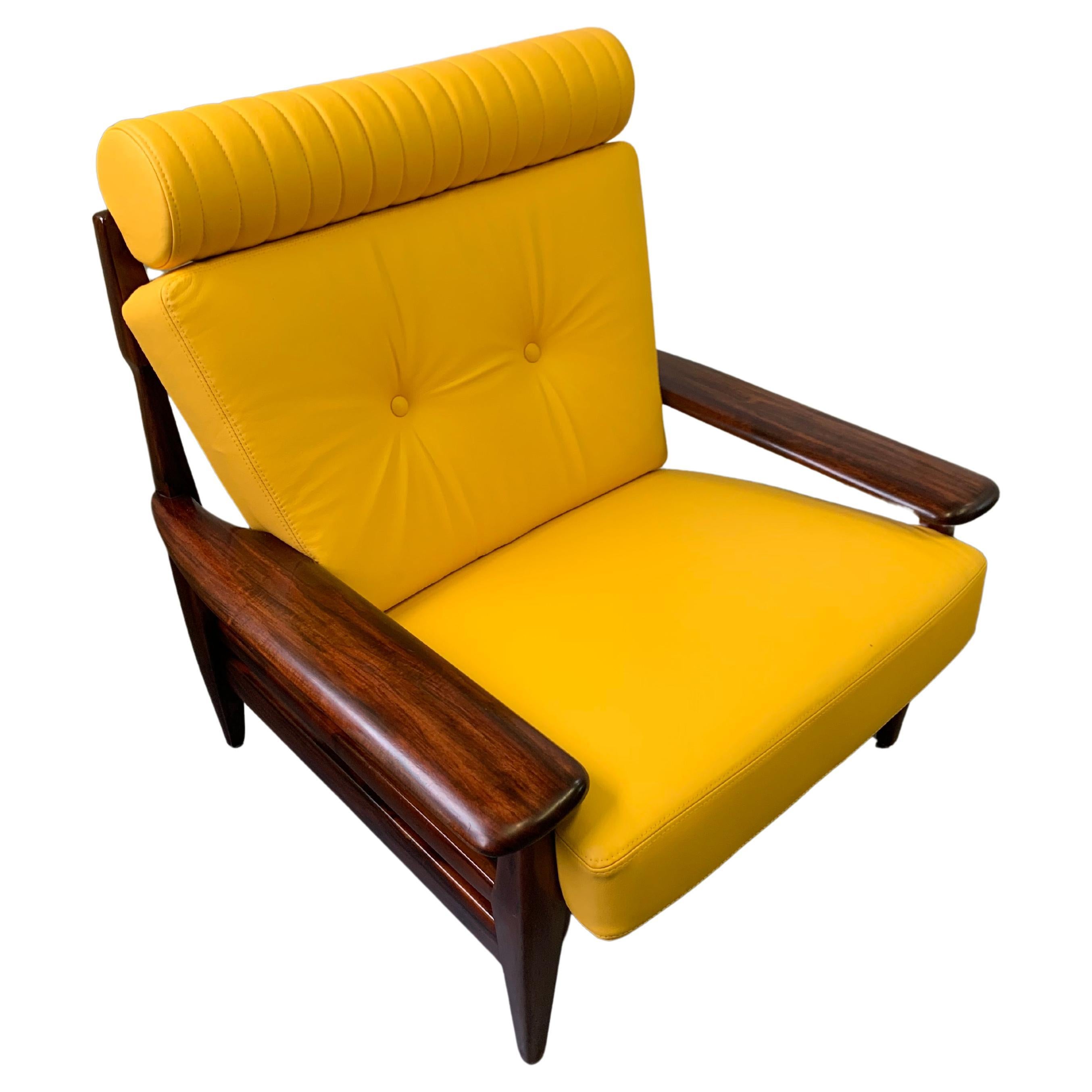 Brazilian Brutalist Rosewood and Leather Lounge Chair by Jean Gillon