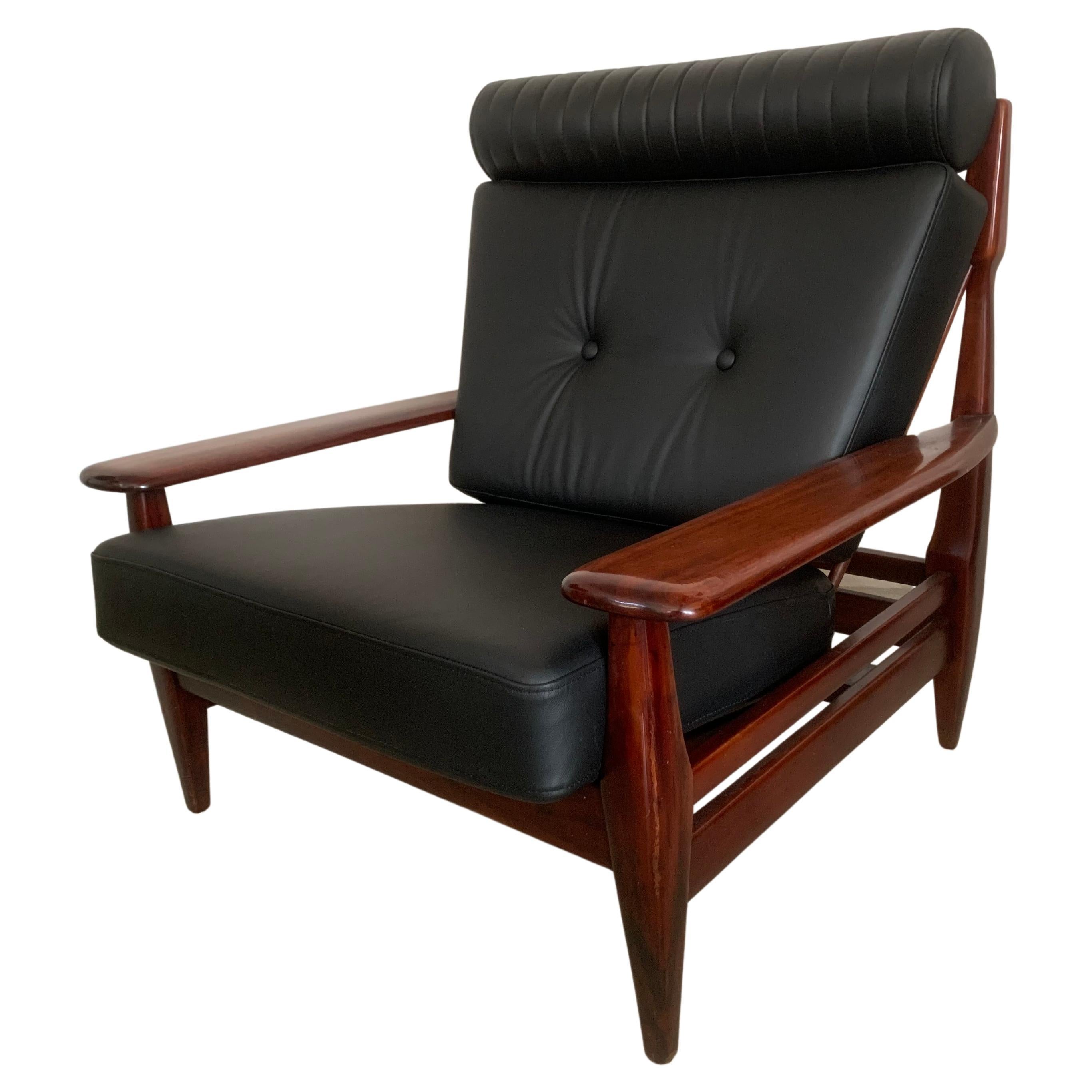 Brazilian Brutalist Rosewood and Leather Lounge Chair by Jean Gillon