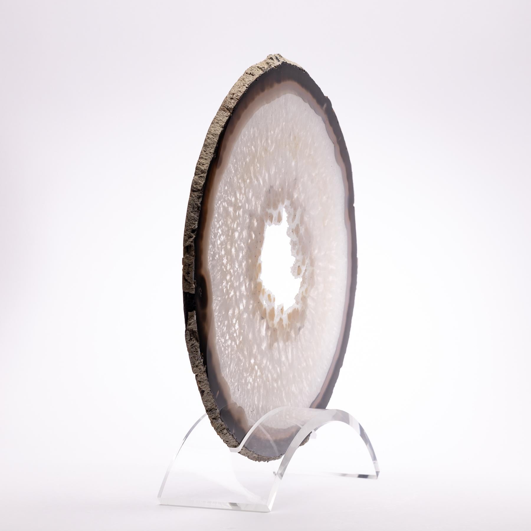 Polished Brazilian Circular Agate Slab on a Custom Acrylic Stand For Sale