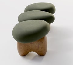 Brazilian Contemporary Organic Stone Bench in 3D Knit and Hand-carved Solid Wood