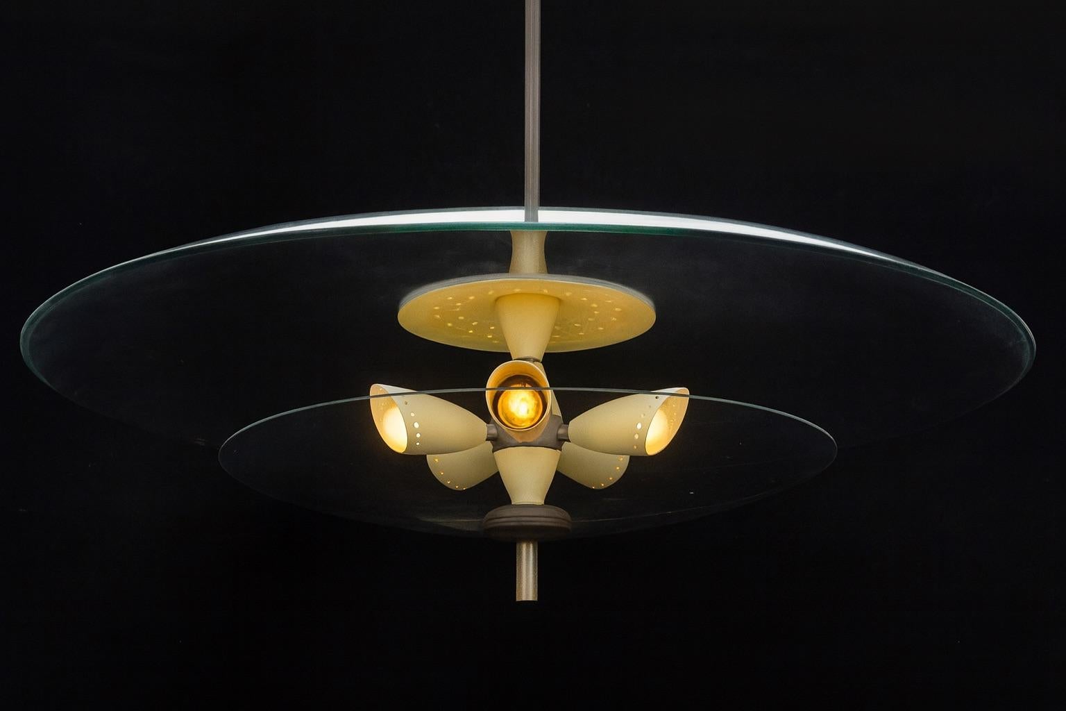 Mid-Century Modern Brazilian Design. Five-light pendant, chrome metal and glass. c. 1960 For Sale