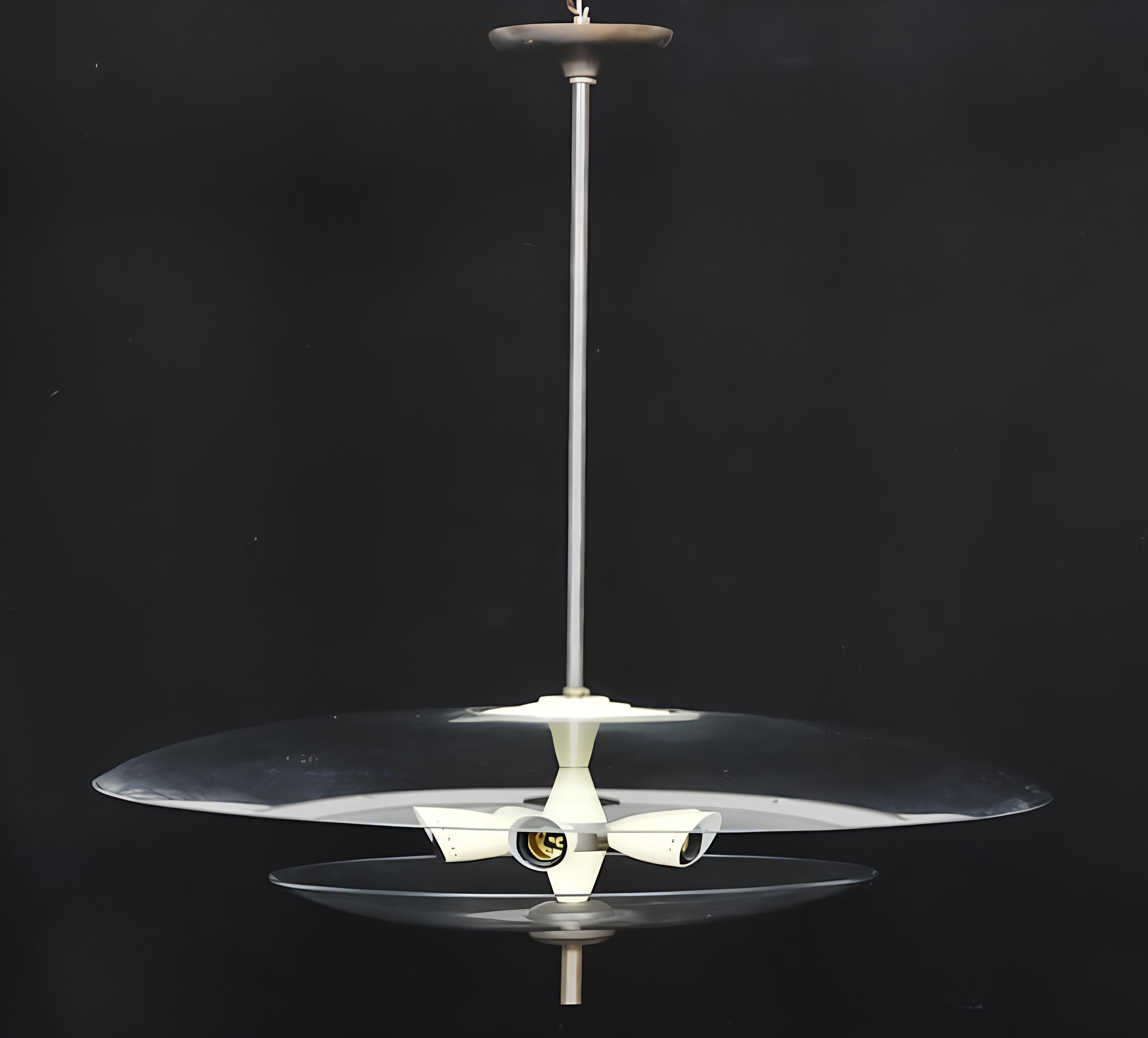 20th Century Brazilian Design. Five-light pendant, chrome metal and glass. c. 1960 For Sale