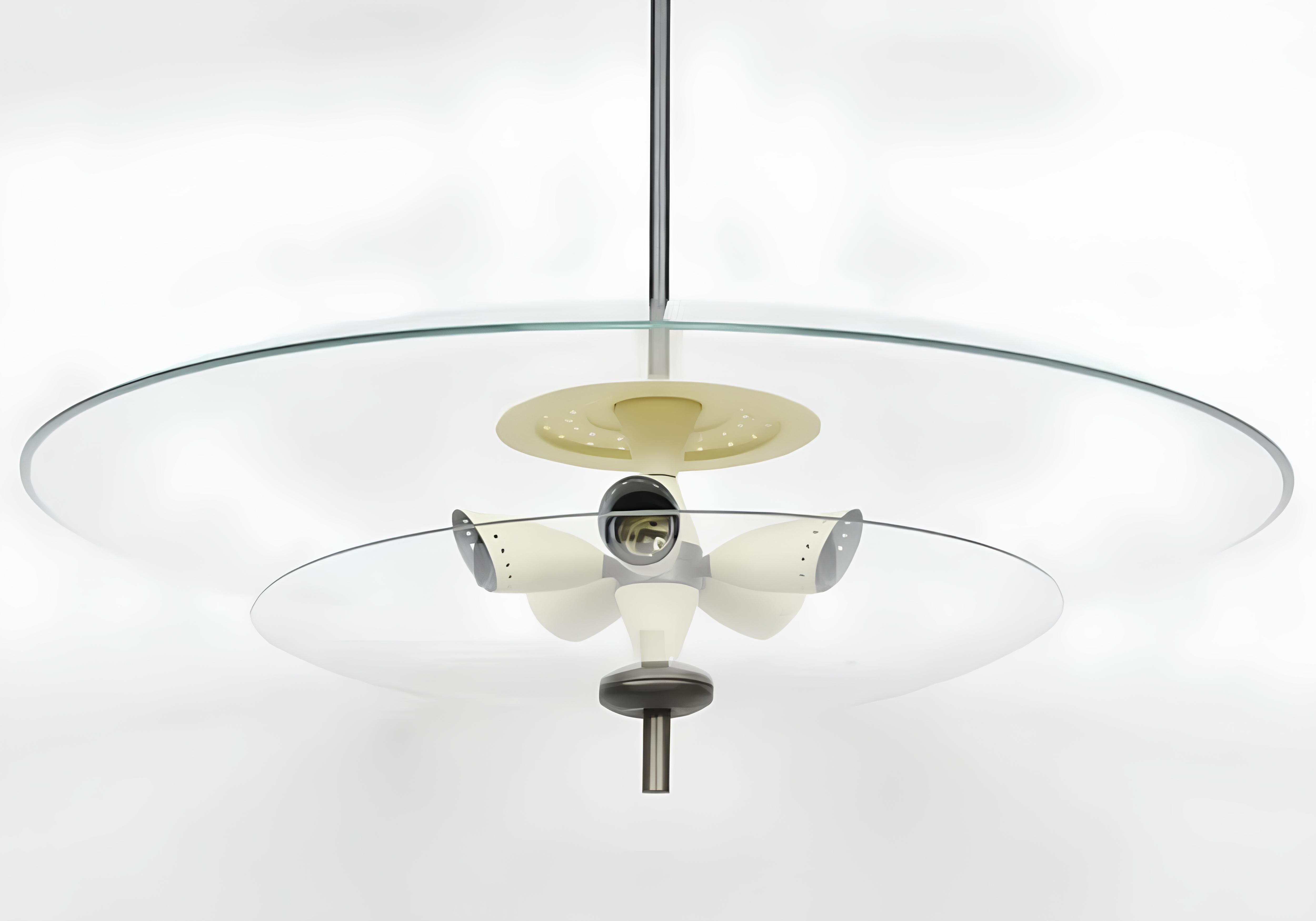 Metal Brazilian Design. Five-light pendant, chrome metal and glass. c. 1960 For Sale