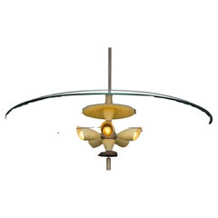 Brazilian Design. Five-light pendant, chrome metal and glass. c. 1960