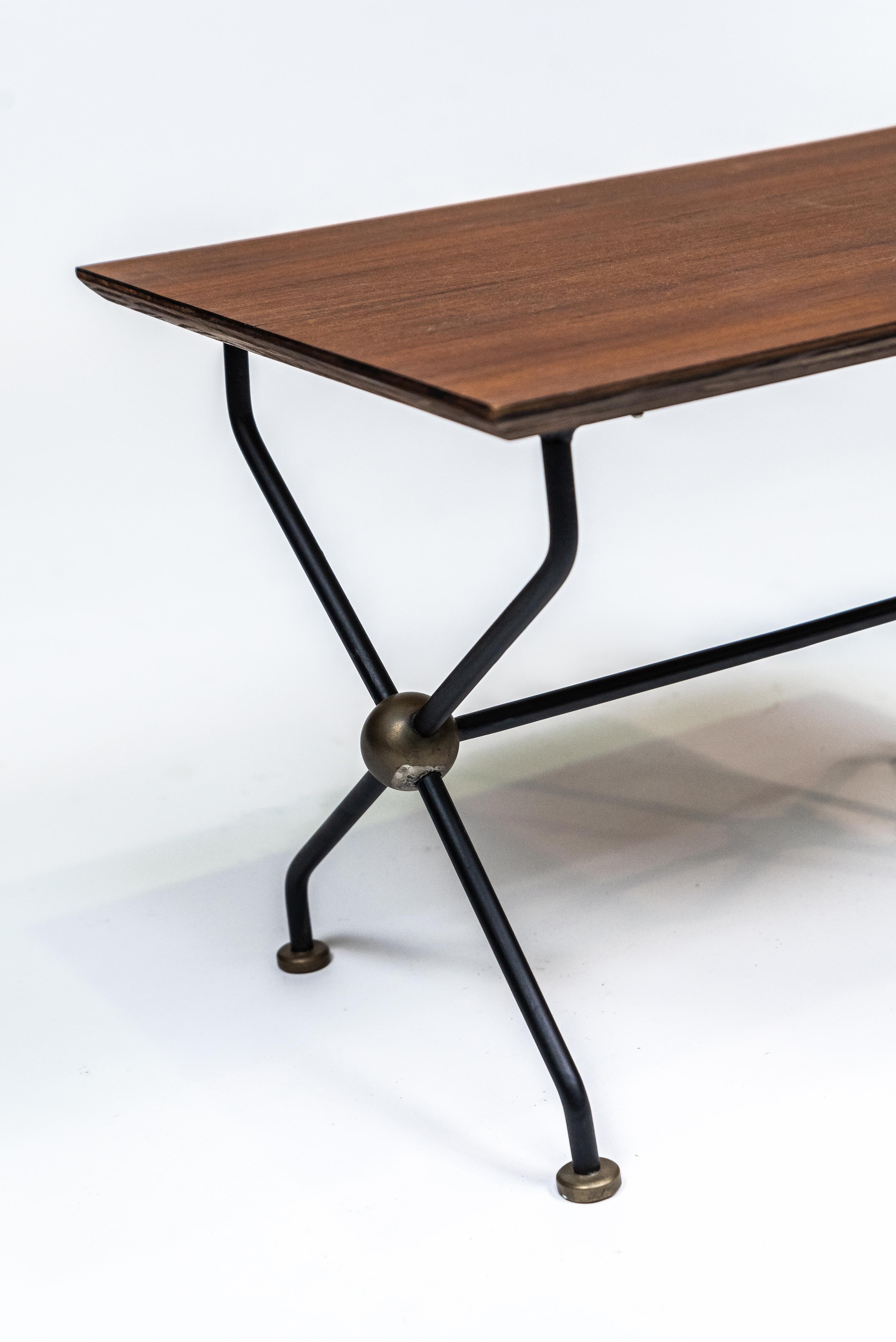 Brazilian Design Side Table, C. 1955. in Teak, Brass and Iron In Good Condition For Sale In PARIS, FR