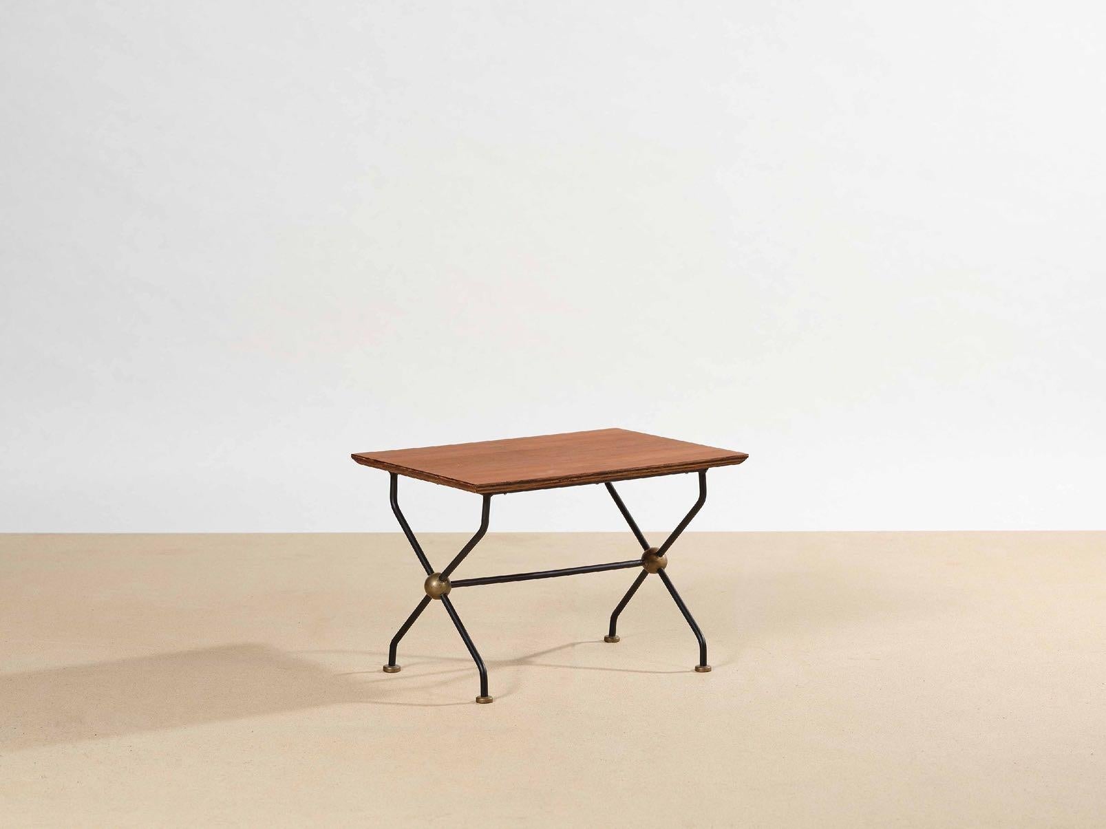 Mid-Century Modern Brazilian Design Side Table. Teak, Brass and Iron, c. 1955. For Sale