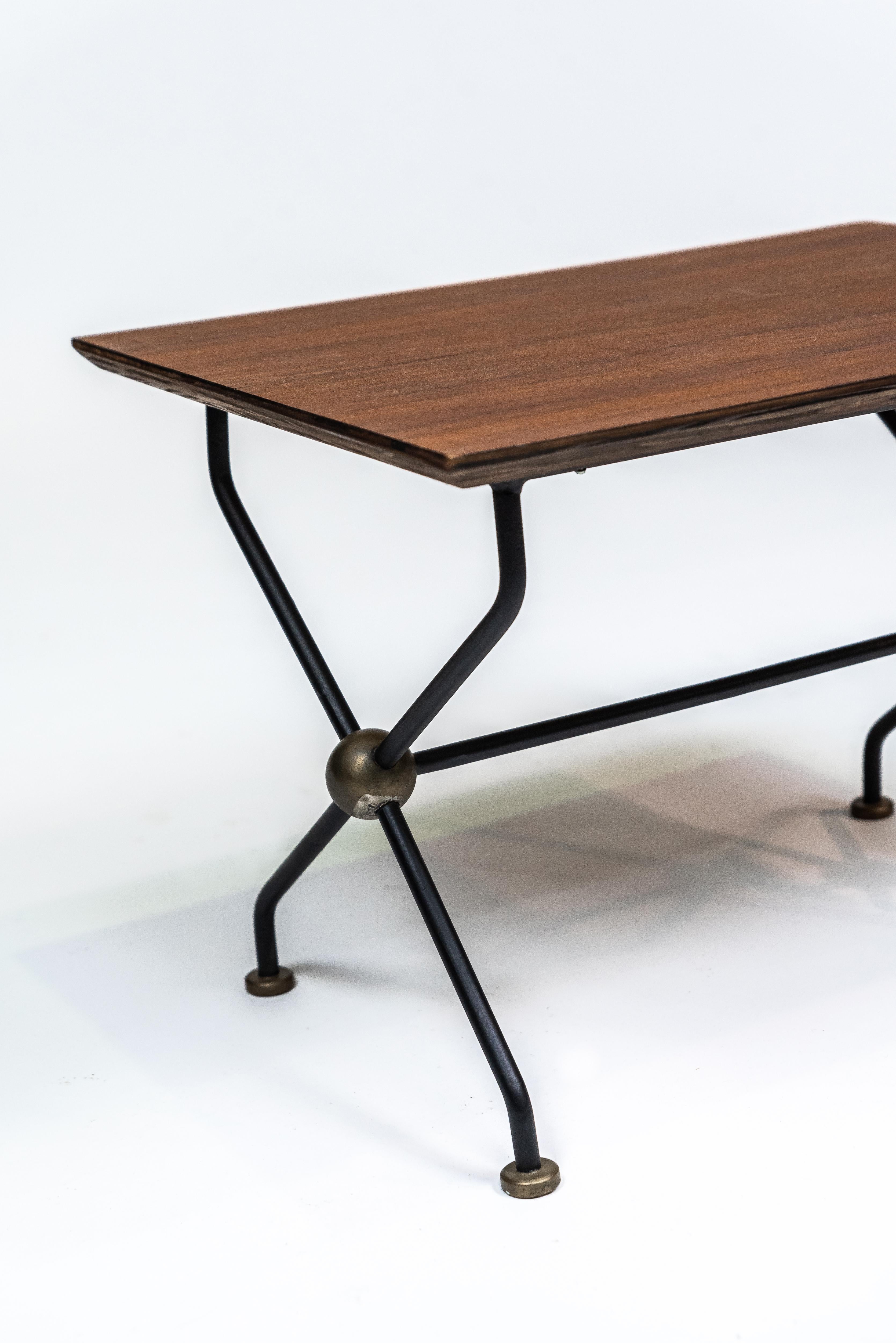 Hand-Crafted Brazilian Design Side Table. Teak, Brass and Iron, c. 1955. For Sale