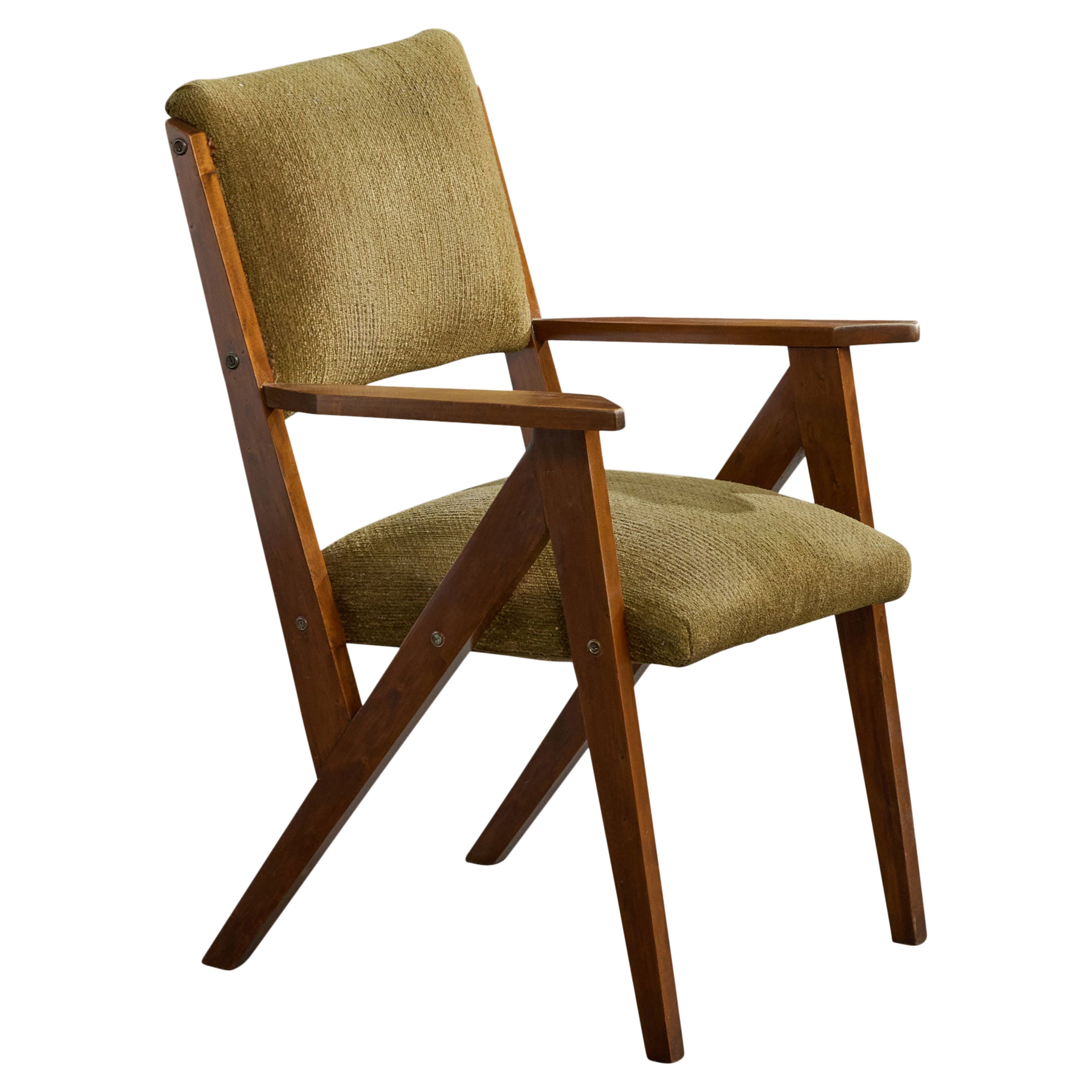 Brazilian Designer, Armchair, Wood, Fabric, Brazil, 1950s