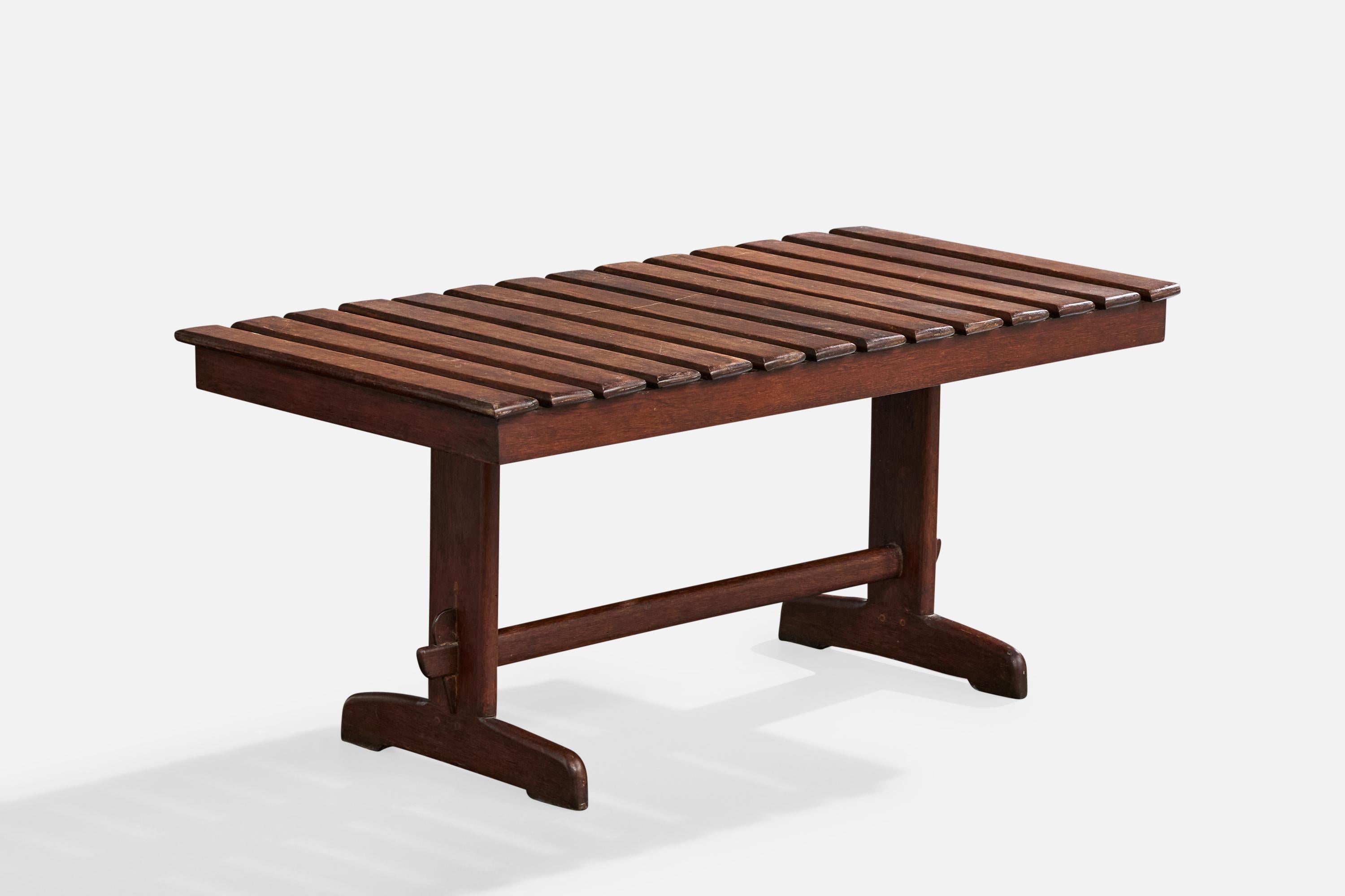 Banc en bois conçu et produit au Brésil, c. années 1950.

Usures dues à l'âge et à l'utilisation, ébréchure sur le bois comme illustré.

Dimensions globales (pouces) : 17.9 