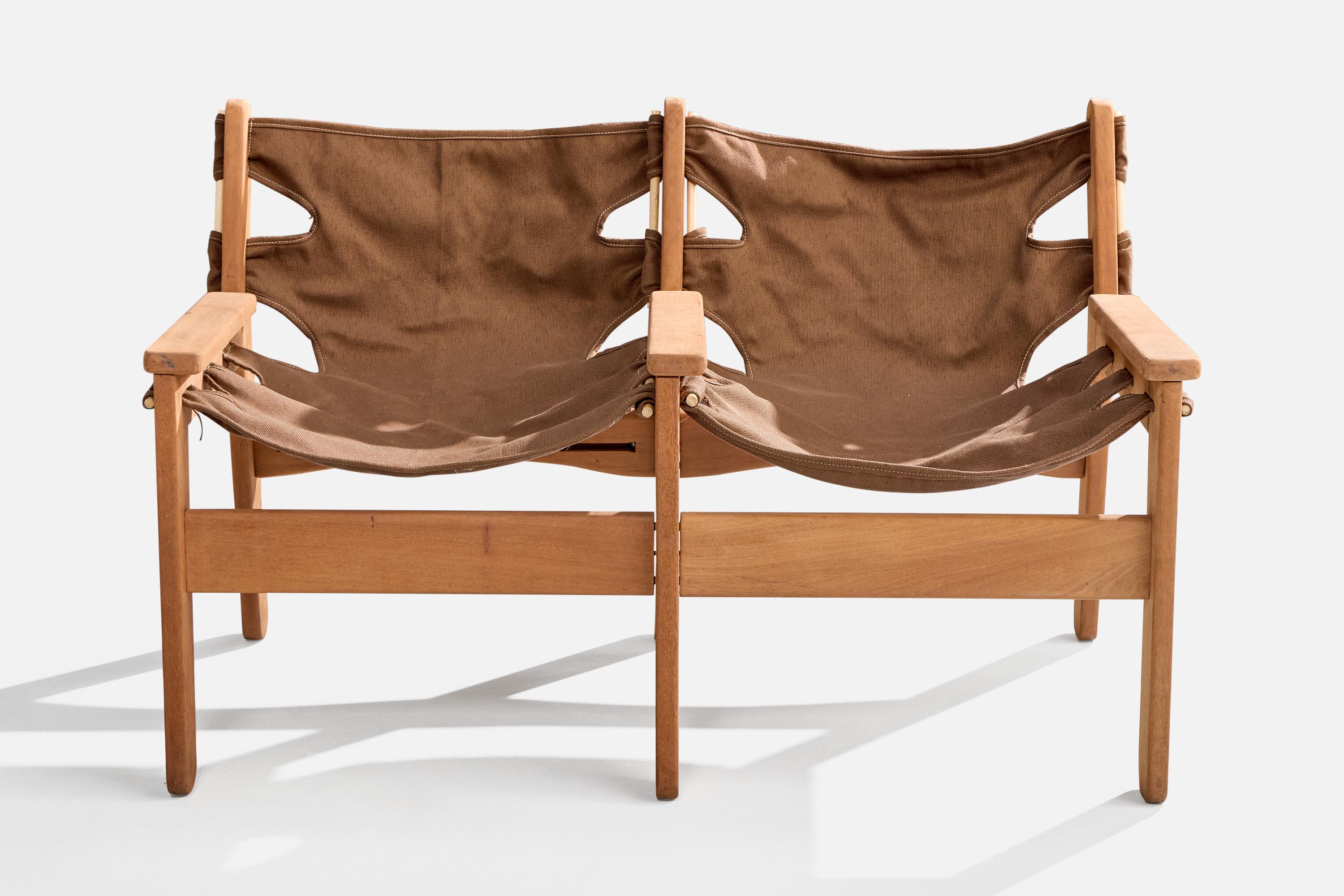 Mid-Century Modern Brazilian Designer, Bench, Wood, Canvas, Brazil, 1970s For Sale