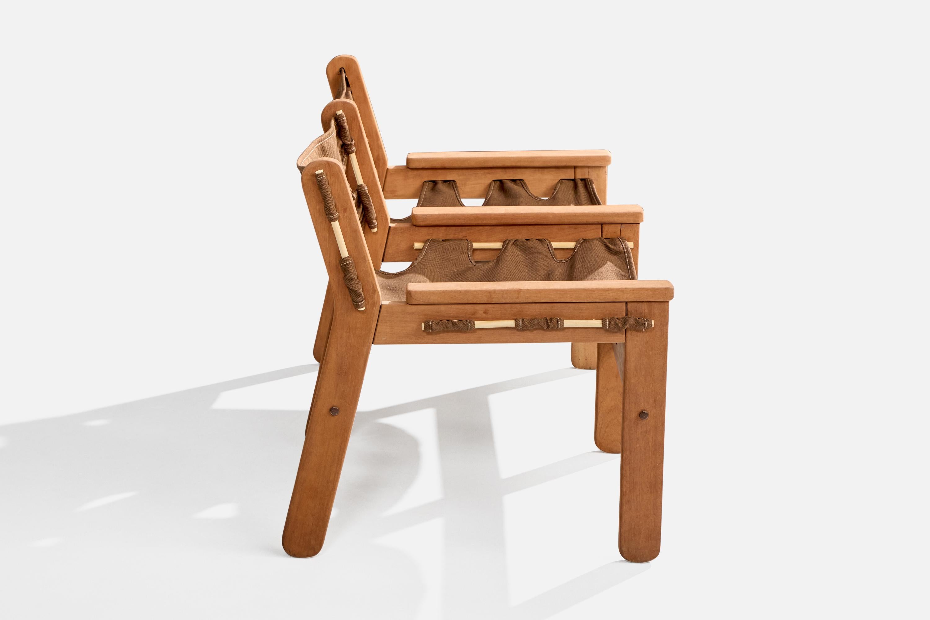 Brazilian Designer, Bench, Wood, Canvas, Brazil, 1970s For Sale 1