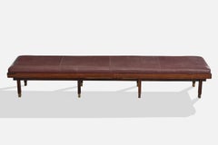 Brazilian Designer, Bench, Wood, Leather, Brass, Brazil, 1960s