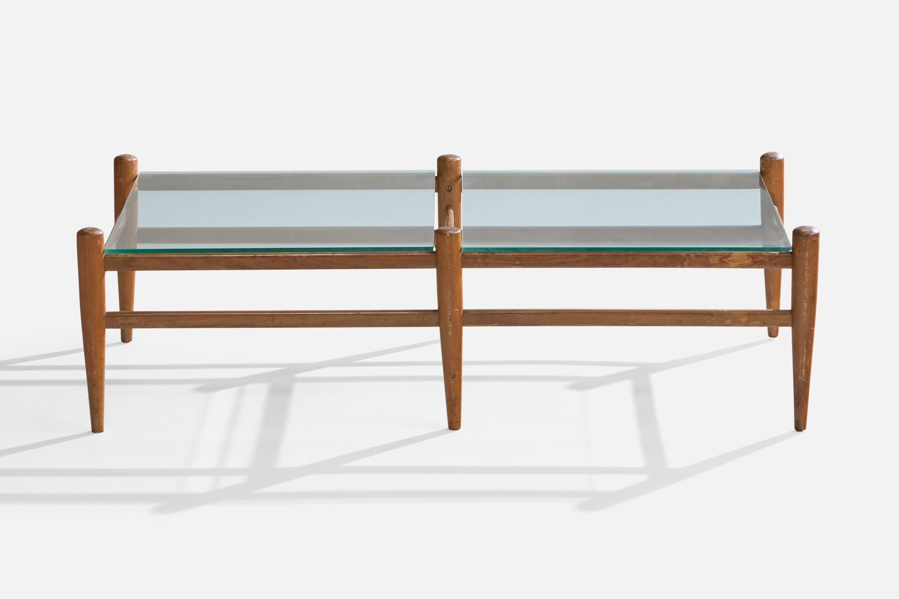 Brasilianischer Designer, Couchtisch, Holz, Glas, Brasilien, 1950er Jahre (Moderne der Mitte des Jahrhunderts) im Angebot
