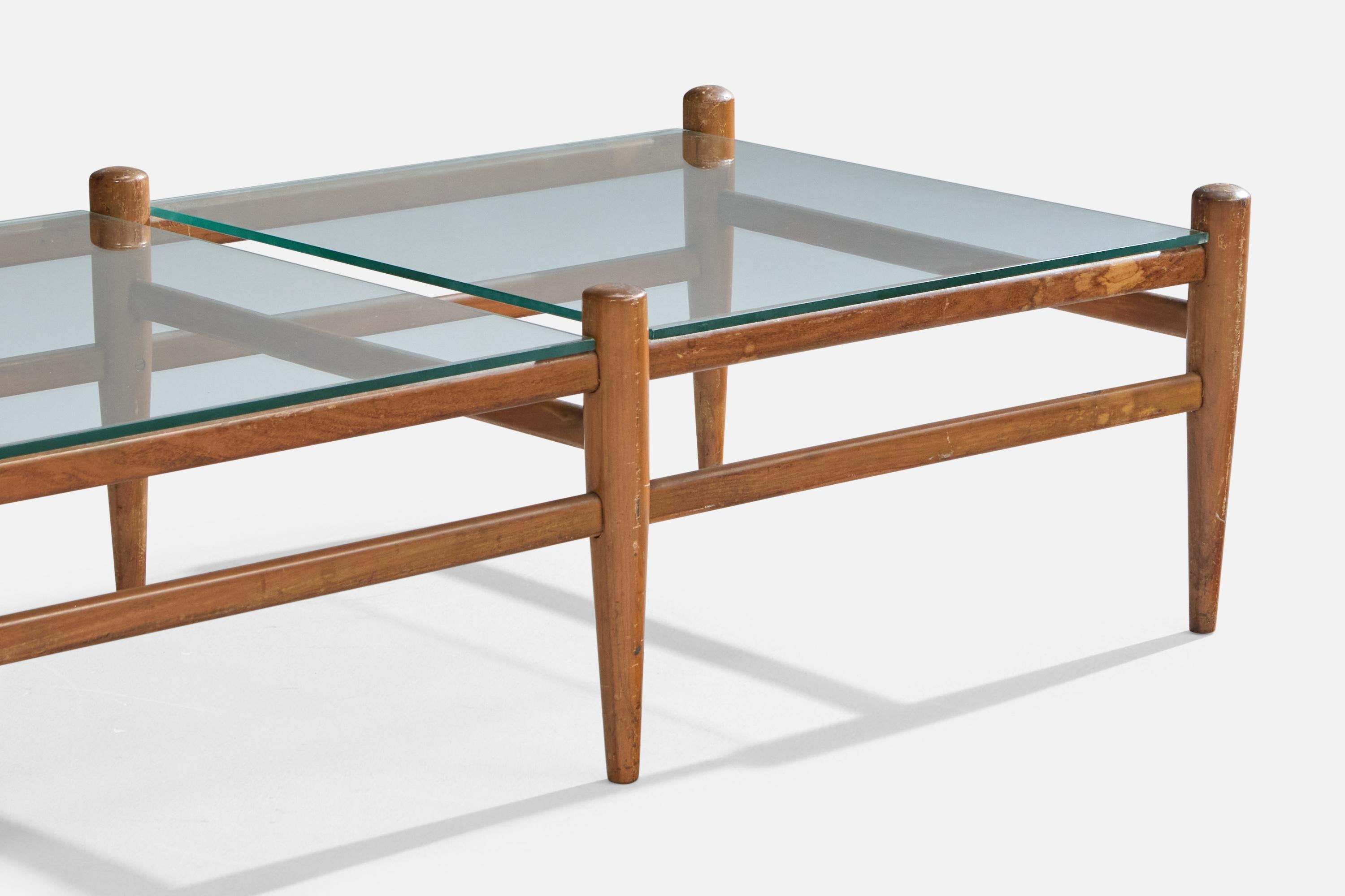 Brasilianischer Designer, Couchtisch, Holz, Glas, Brasilien, 1950er Jahre (Mitte des 20. Jahrhunderts) im Angebot