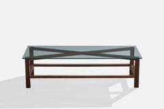 Brazilian Designer, Coffee Table, Wood, Glass, Brazil, 1970s