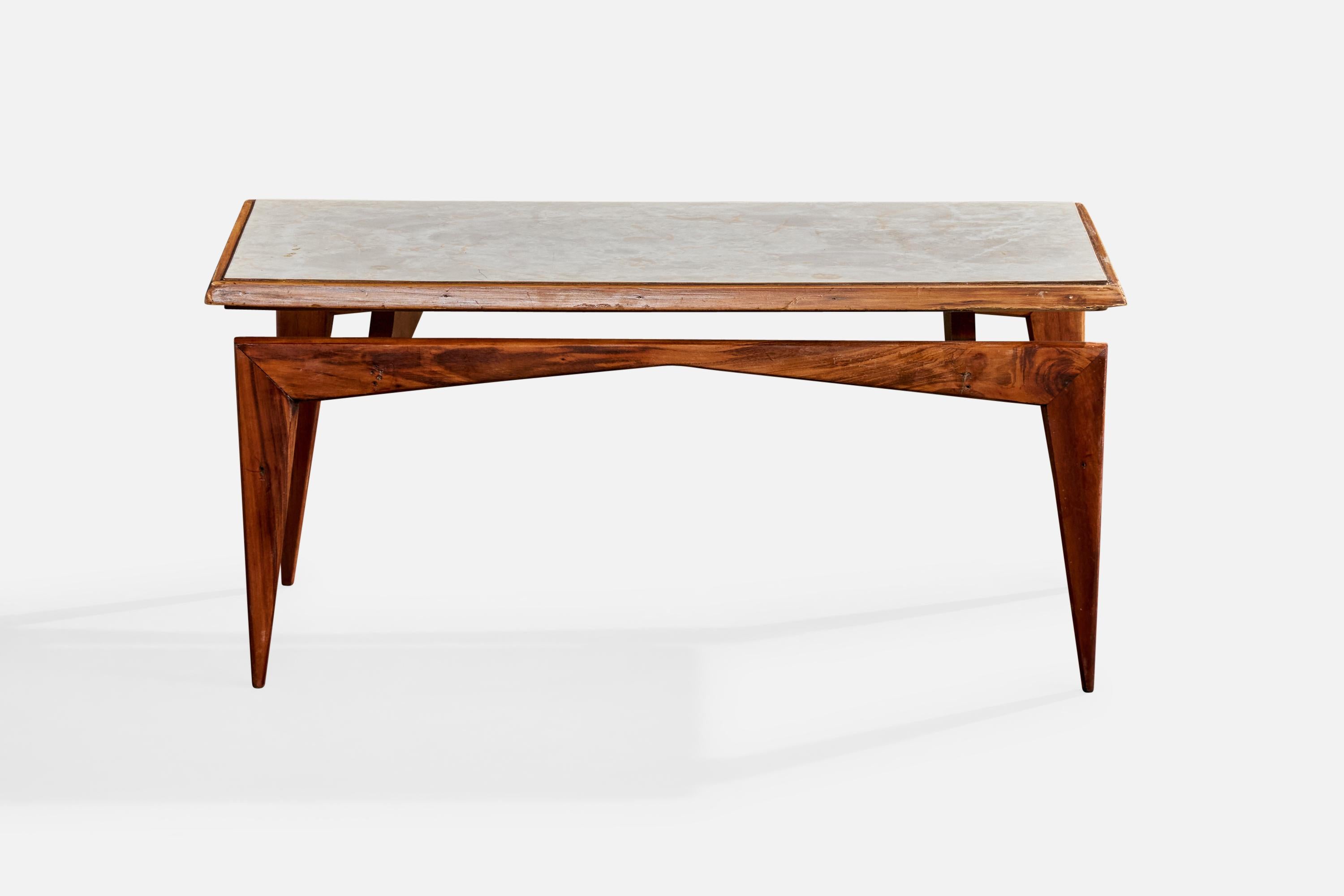 Mid-Century Modern Brazilian Designer, Coffee Table, Wood, Marble, Brazil, 1950s For Sale